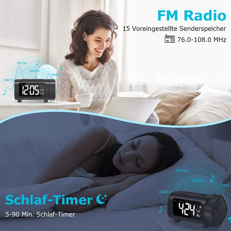 LIORQUE cyfrowy budzik z projektorem, automatyczne wyłączanie, temperatura, radio FM, złącze USB, 2-kolorowe cyfry i 4-stopniowa jasność, tryb weekendowy, funkcja drzemki (czarny)