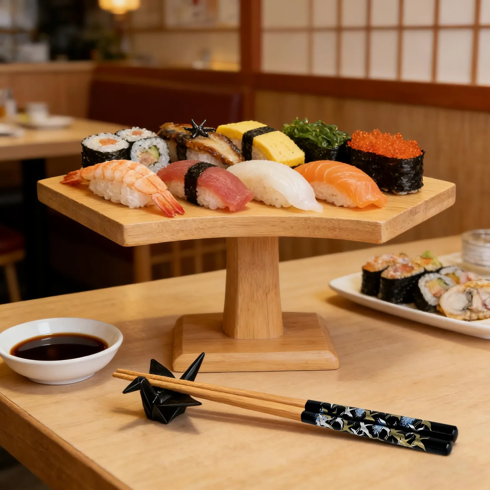 Zestaw pałeczek do sushi origami, 2 pary wraz z podkładkami ceramicznymi, ekskluzywne drewniane opakowanie, styl japoński, chiński, koreański i tajwański