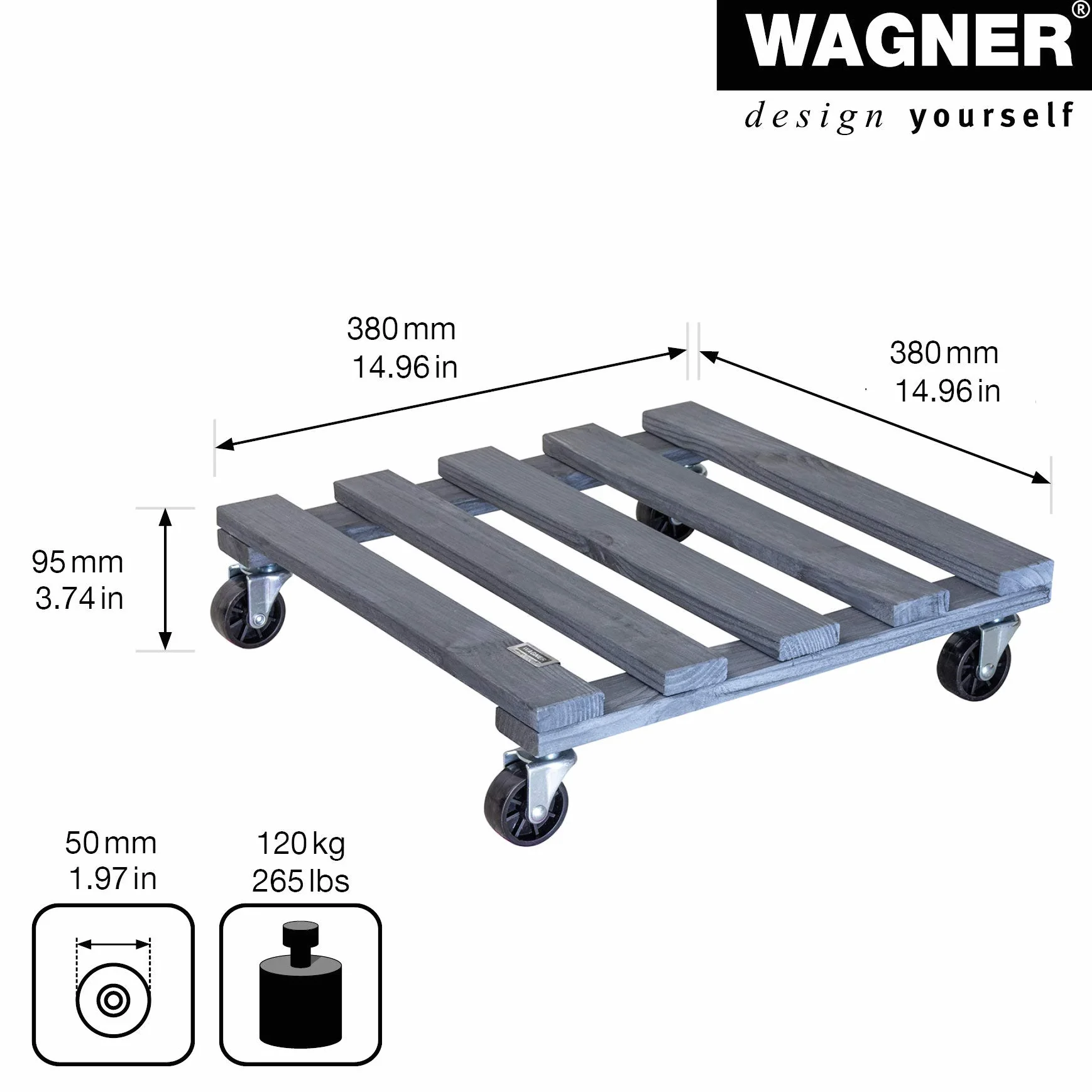 Wagner Wałek do roślin PALETTI 38 x 38 x 9,5 cm, do użytku na zewnątrz i wewnątrz, z litego drewna FSC®, antracytowy, nośność 120 kg, wyprodukowano w UE – 20042201
