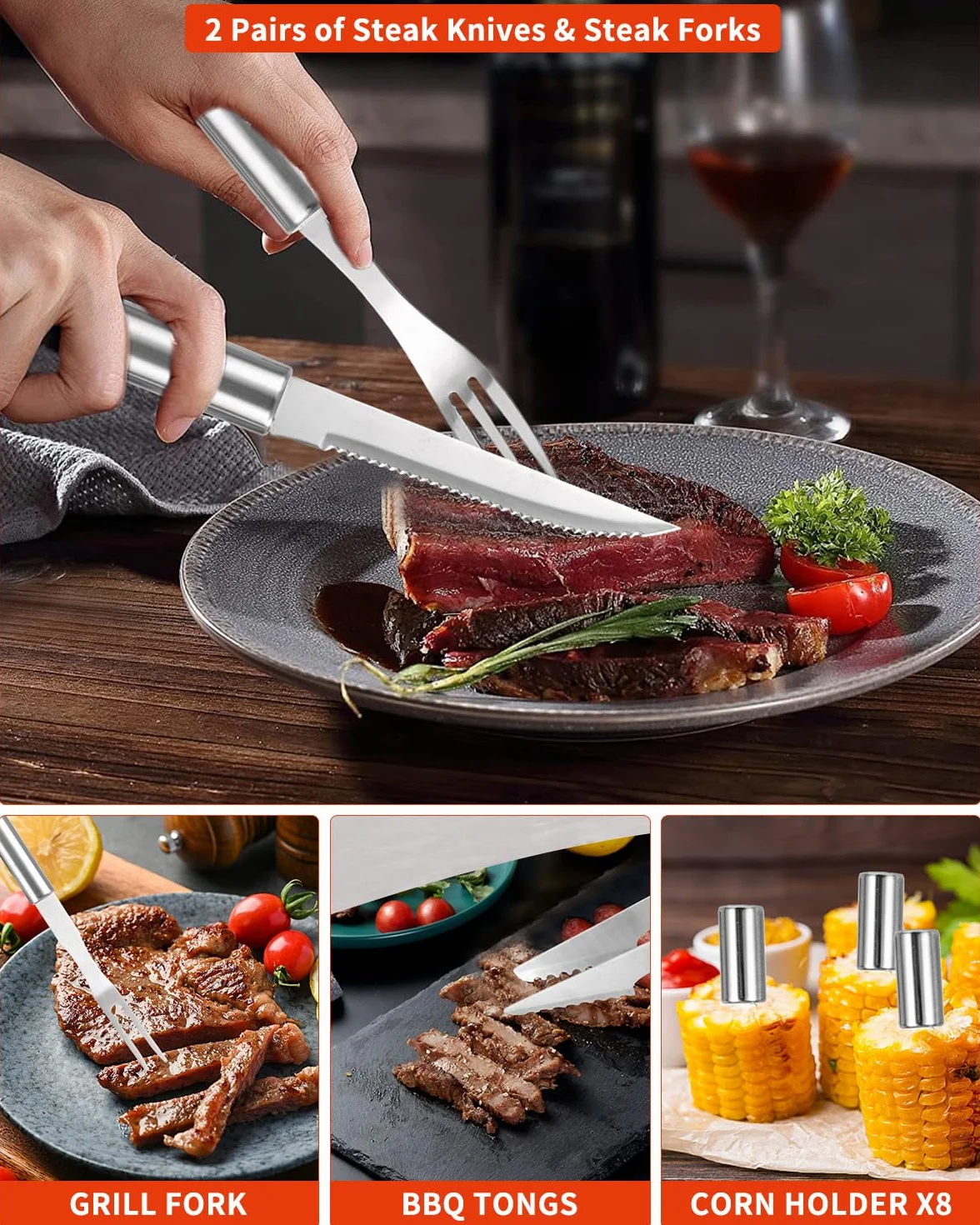 Zestaw 28 akcesoriów do grilla ze stali nierdzewnej, walizka na sztućce do grilla, prezent dla mężczyzn, zestaw sztućców do grilla, walizka do grillowania i mata do grillowania, wysokiej jakości