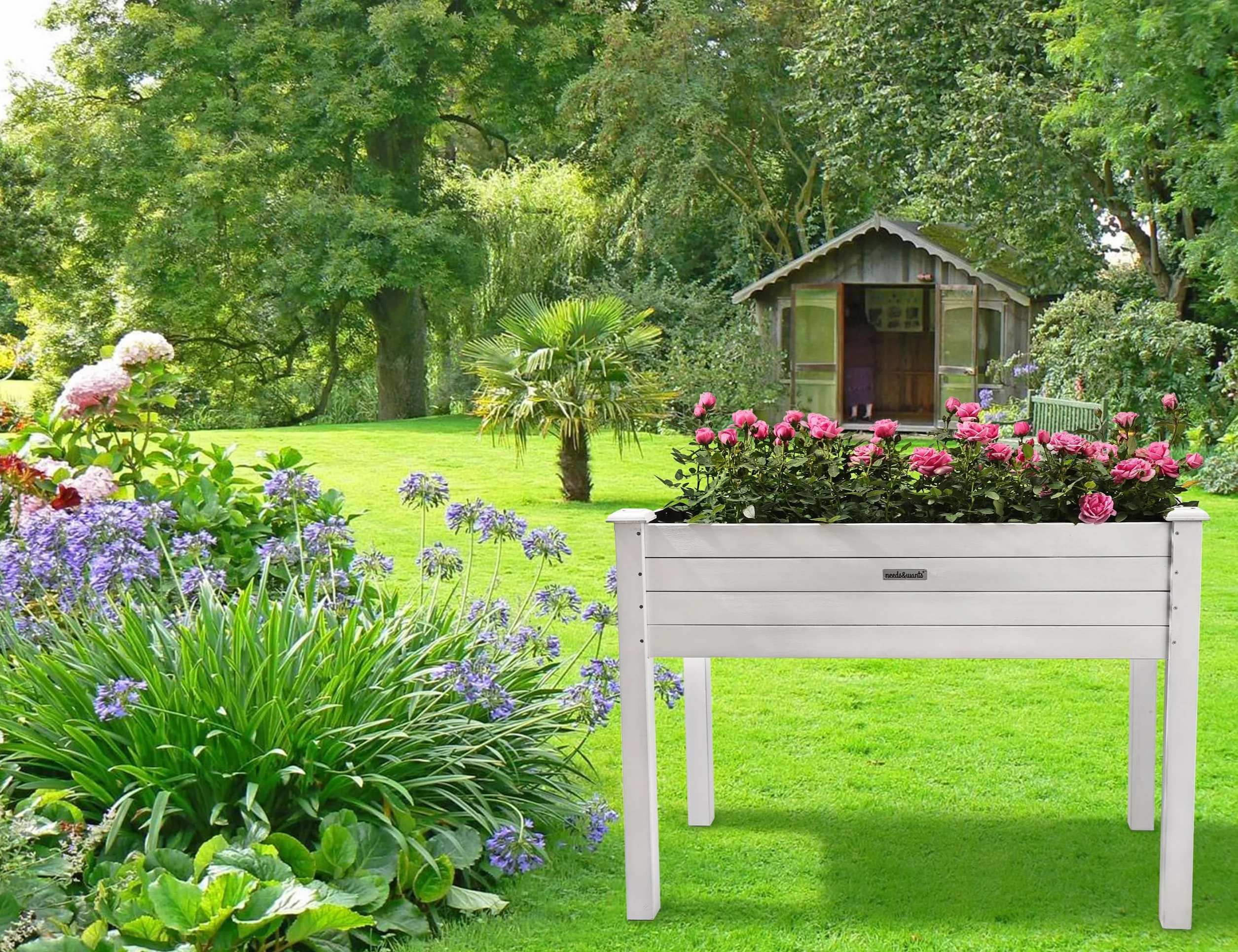 needs&wants® Podwyższona grządka z drewna, do ogrodu, na balkon, taras, skrzynka na rośliny, prostokątna, wąska, z folią z włókniny, grządka na zioła, skrzynka na rośliny, dekoracyjna, biała
