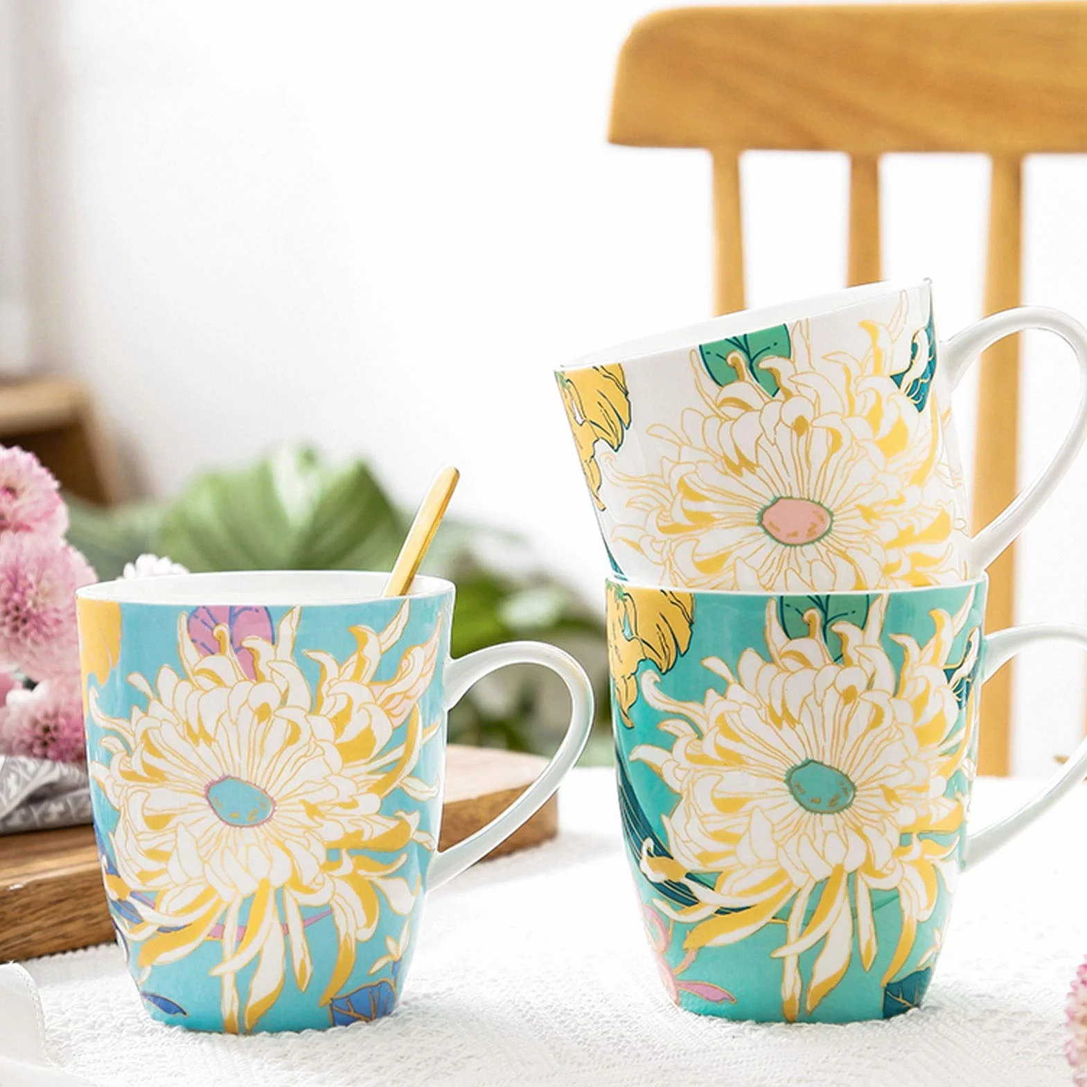 Filiżanki do kawy, kubek elegancka chryzantema seria lukier cenny kolor kości porcelana kubek mleko kubek śniadanie kubek światło luksus ręcznie malowany romantyczny wzór popołudnie herbata 400 ml