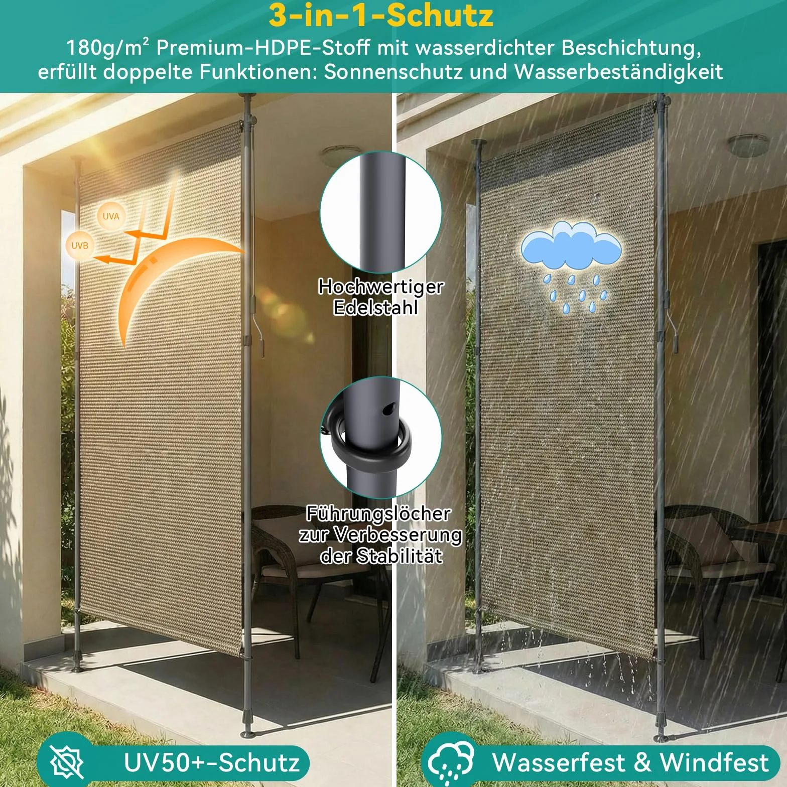 LIFERUN Markiza zaciskowa z HDPE pionowa na zewnątrz, ochrona przed spojrzeniami, bez wiercenia, wysuwana markiza boczna, ochrona przed słońcem, wiatrem, wodoodporna, na balkon, do ogrodu, na taras