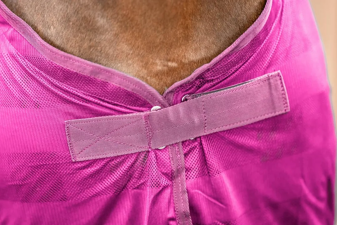 Equinate Koc na muchy Guardian z korekcją krzyżową i poduszką w kłębie 165 cm Raspberry – koc z egzemą ze skuteczną ochroną przed muchami i owadami – koc dla konia – koc pastwiskowy