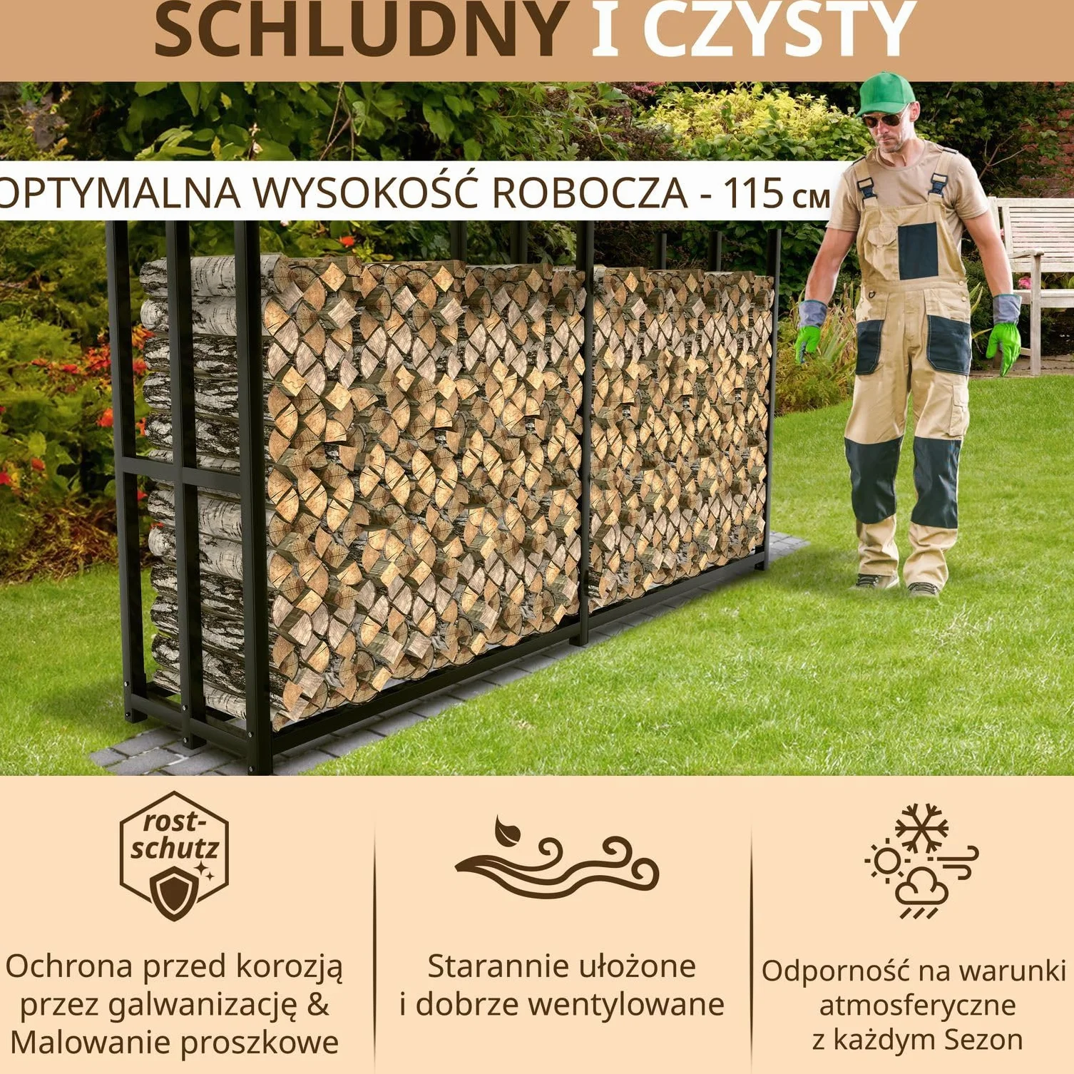 Metalowy regał na drewno kominkowe, 223 × 50 x 115 cm, ocynkowany, do użytku na zewnątrz, do układania drewna opałowego, ogrodu, tarasu, 25 cm, 33 cm, 50 cm, kolor czarny