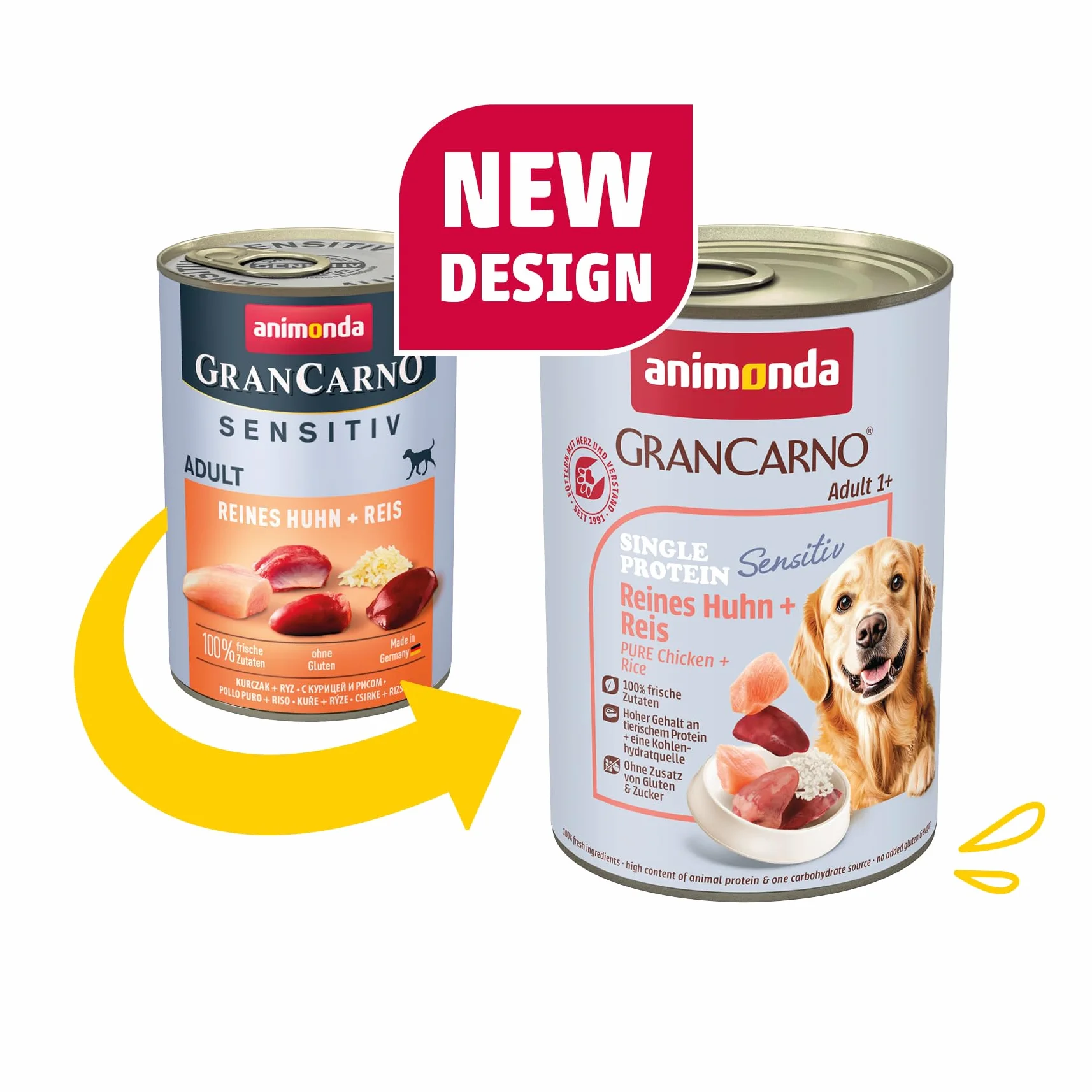 animonda Gran Carno Adult Sensitiv karma dla psów, mokra karma dla dorosłych psów, czysty kurczak + ryż, 6 x 400 g
