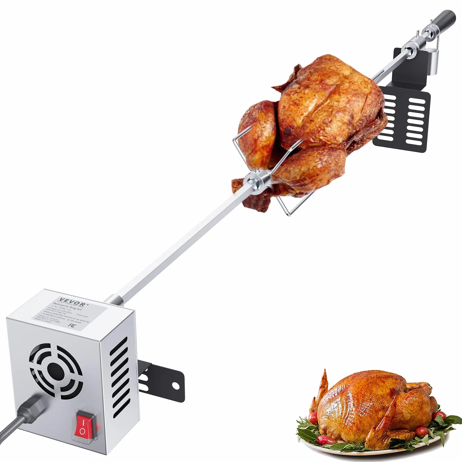VEVOR Rożen do grilla z rożnem 9 W, długość szaszłyka 100,6 cm ze stali nierdzewnej maksymalne obciążenie 12 kg, zestaw do rożna do rożna 4 obr./min Widelec szerokość 18 cm, szpikulec na imprezę