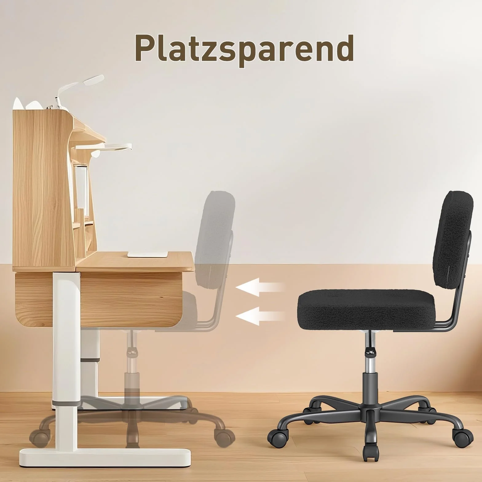 AnyGod Krzesło do biurka bez podłokietników, kompaktowe krzesło obrotowe z kółkami i regulacją wysokości, ergonomiczne krzesło komputerowe do małych pomieszczeń i toaletka, materiał pluszowy, czarny