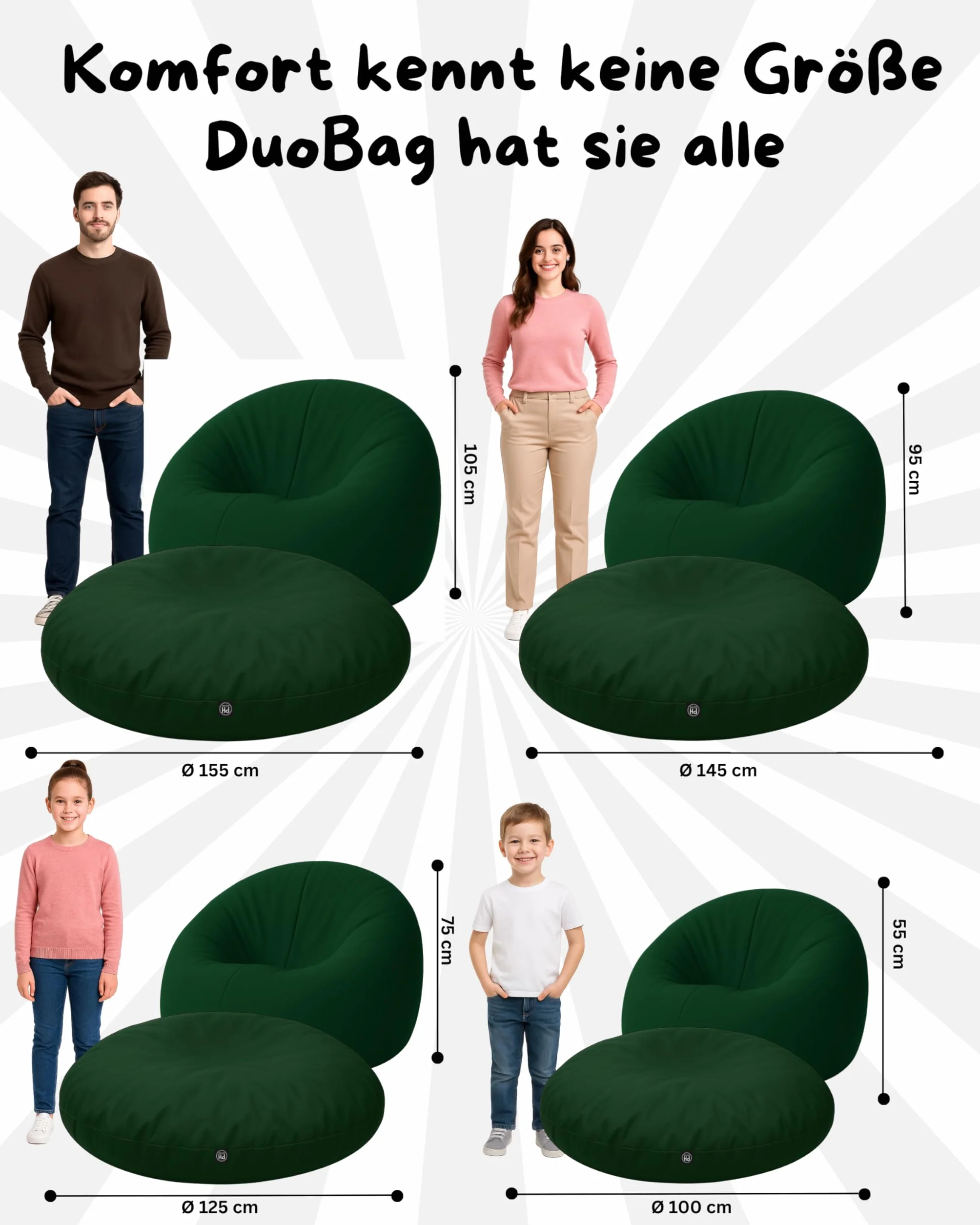 Patchhome Bean Bag worek/poduszka do siedzenia 2 w 1, średnica 100 cm, kolor ciemnozielony optymalnie napełniona
