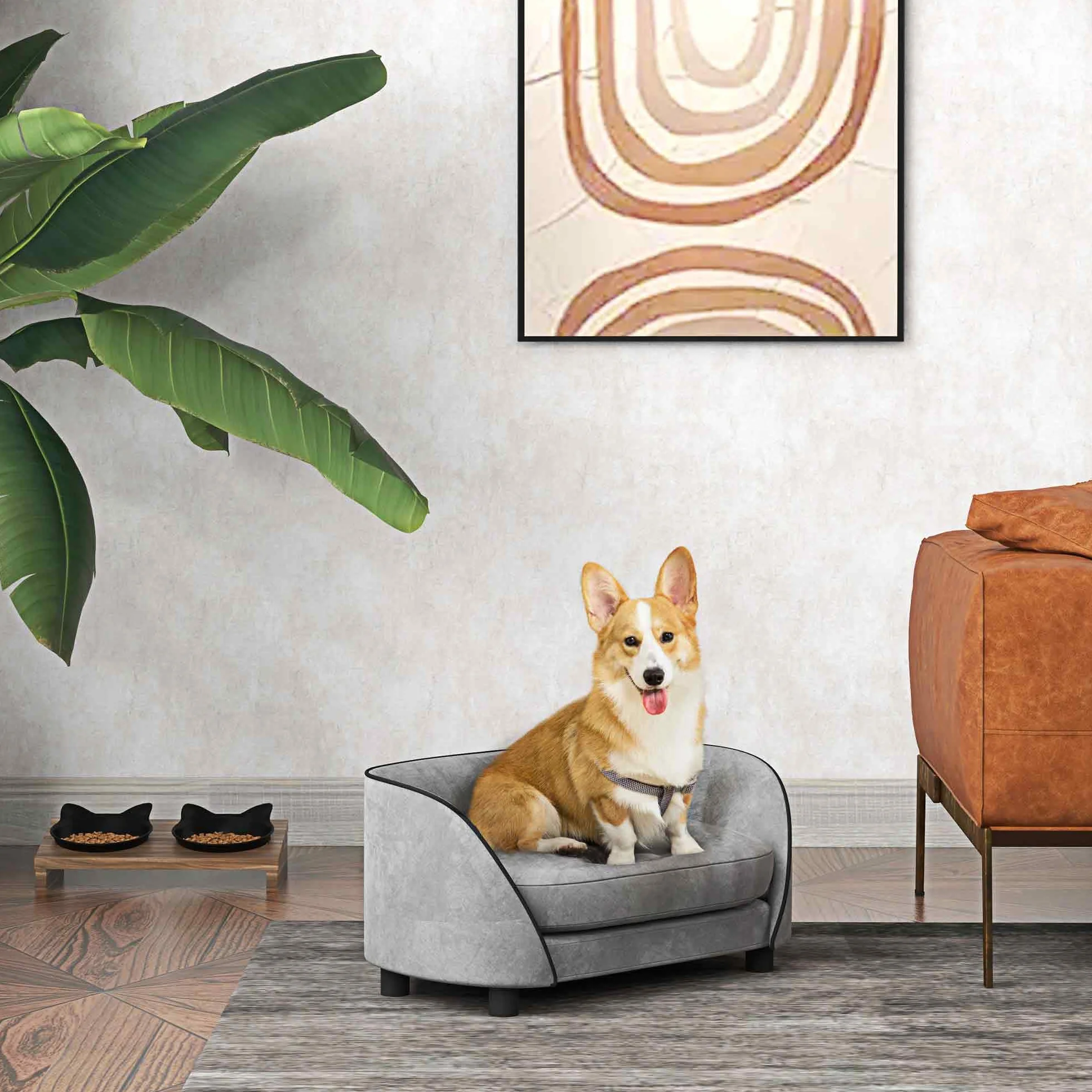 PawHut Sofa dla psa, miękka poduszka, zdejmowany pokrowiec, aksamitny, dla małych i średnich psów, szary