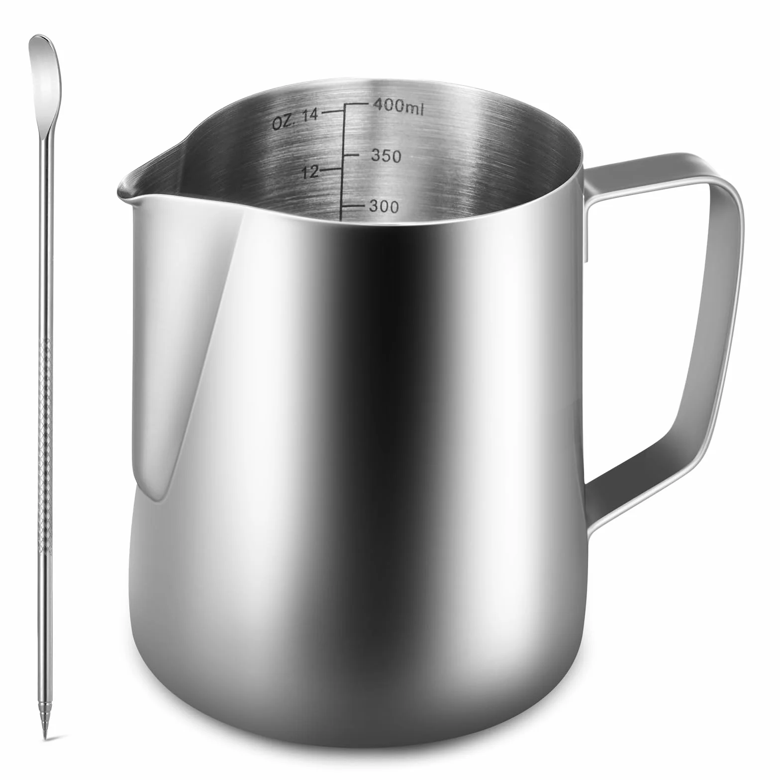anpro Pojemnik na mleko 400 ml/14 fl. oz. Milk Pitcher dzbanek na mleko ze stali nierdzewnej, idealny do cappuccino, spieniacz do mleka, srebrny