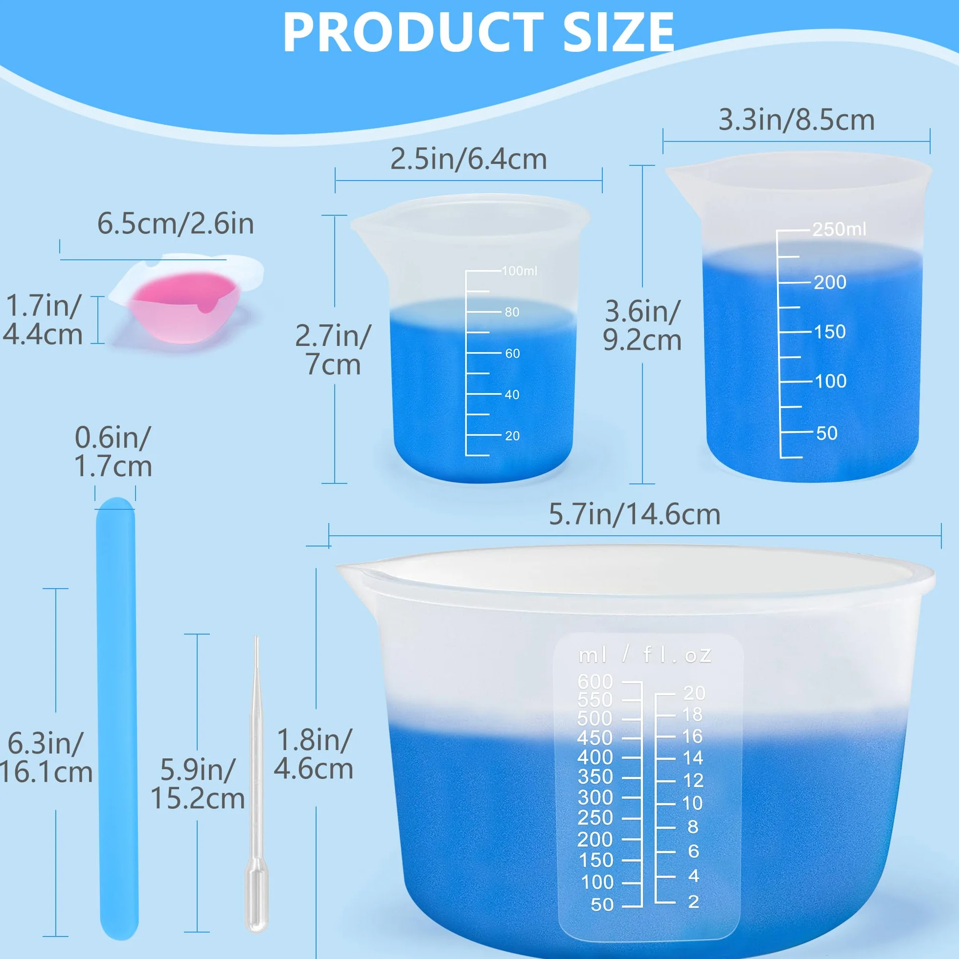 Silikonowe Kubki Pomiarowe, 14 sztuk Silikonowe Kubki na żywicę Epoksydową 600ml/ 250ml/ 100ml do żywica Epoksydowa, Formy Odlewnicze, Woskowanie, Kuchnia