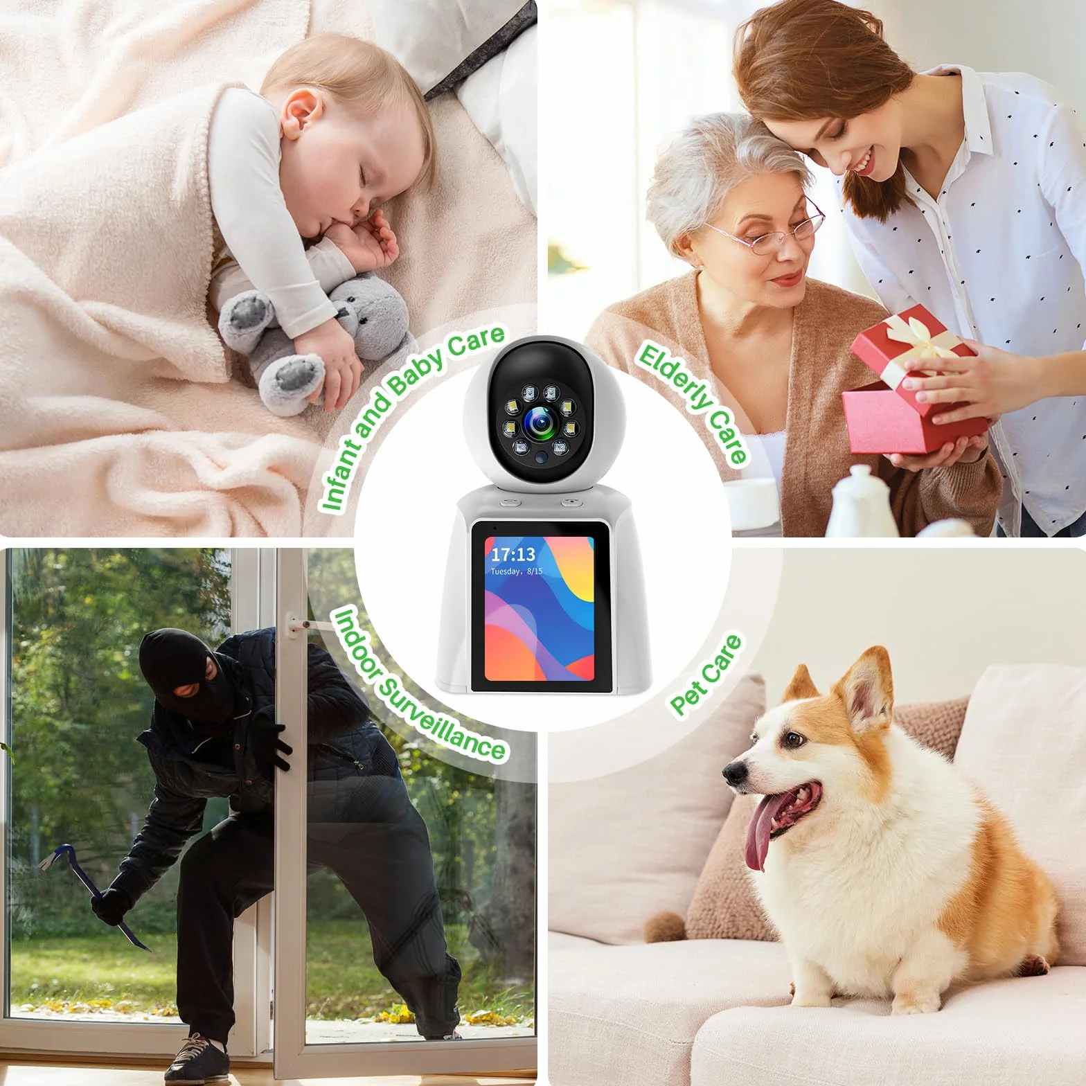 Kamera bezpieczeństwa wewnętrzna, 2,4 G Hz kamera dla zwierząt domowych WiFi kamery monitorujące, domowa niania kamera bezpieczeństwa 360°, noktowizor, 2-drożny dźwięk, połączenie jednym