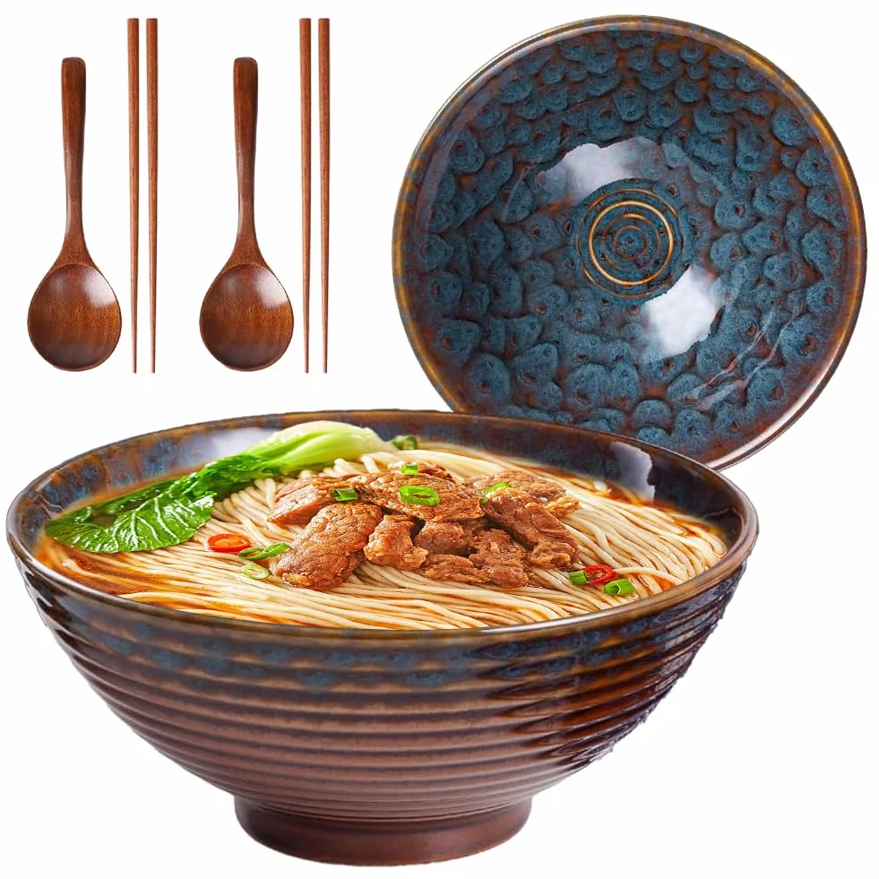 Miseczki do ramen 1200 ml, ceramiczne miski na zupę, 20 cm, miski do sałatek, miski do serwowania, miski na musli, niebieskie retro, z pałeczkami i łyżeczką, do kuchenki mikrofalowej, zmywarki i