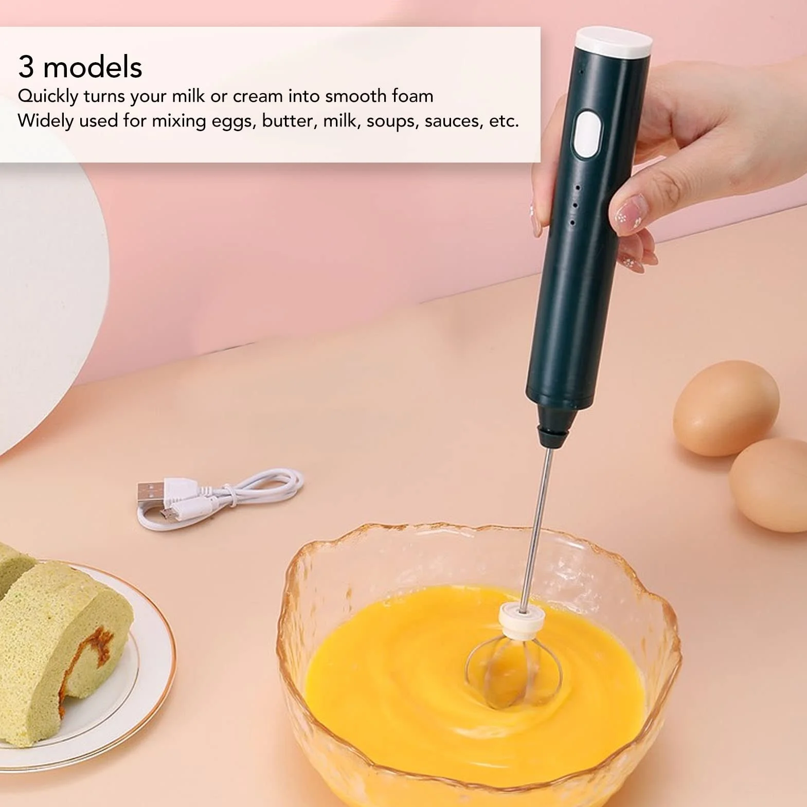 Spieniacz do Mleka, Akumulator Ręczny Elektryczny Mikser do Kawy z 2 Trzepaczkami ze Stali Nierdzewnej Urządzenie do Robienia Pianki Blender do Matcha Latte Cappuccino (Czerniawa zieleń)