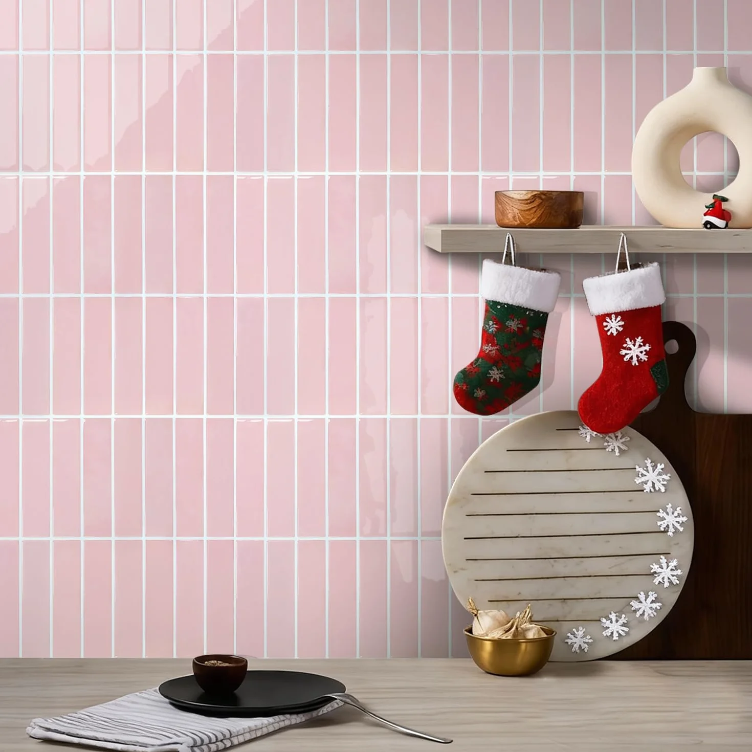 Commomy 10 sztuk płytki samoprzylepne do kuchenne i łazienkowe, 30,5 x 30,5 cm, różowe, 3D winylowe peel and stick naklejek na ścianę