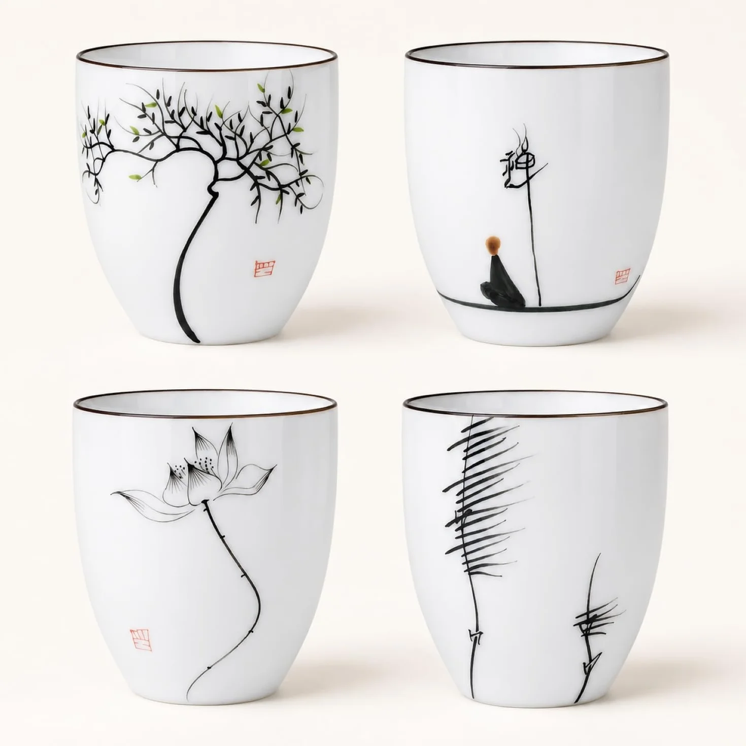 I-MART 4 szt. chińskich ceramicznych filiżanek do herbaty kung fu, zestaw filiżanek do herbaty, 140 ml