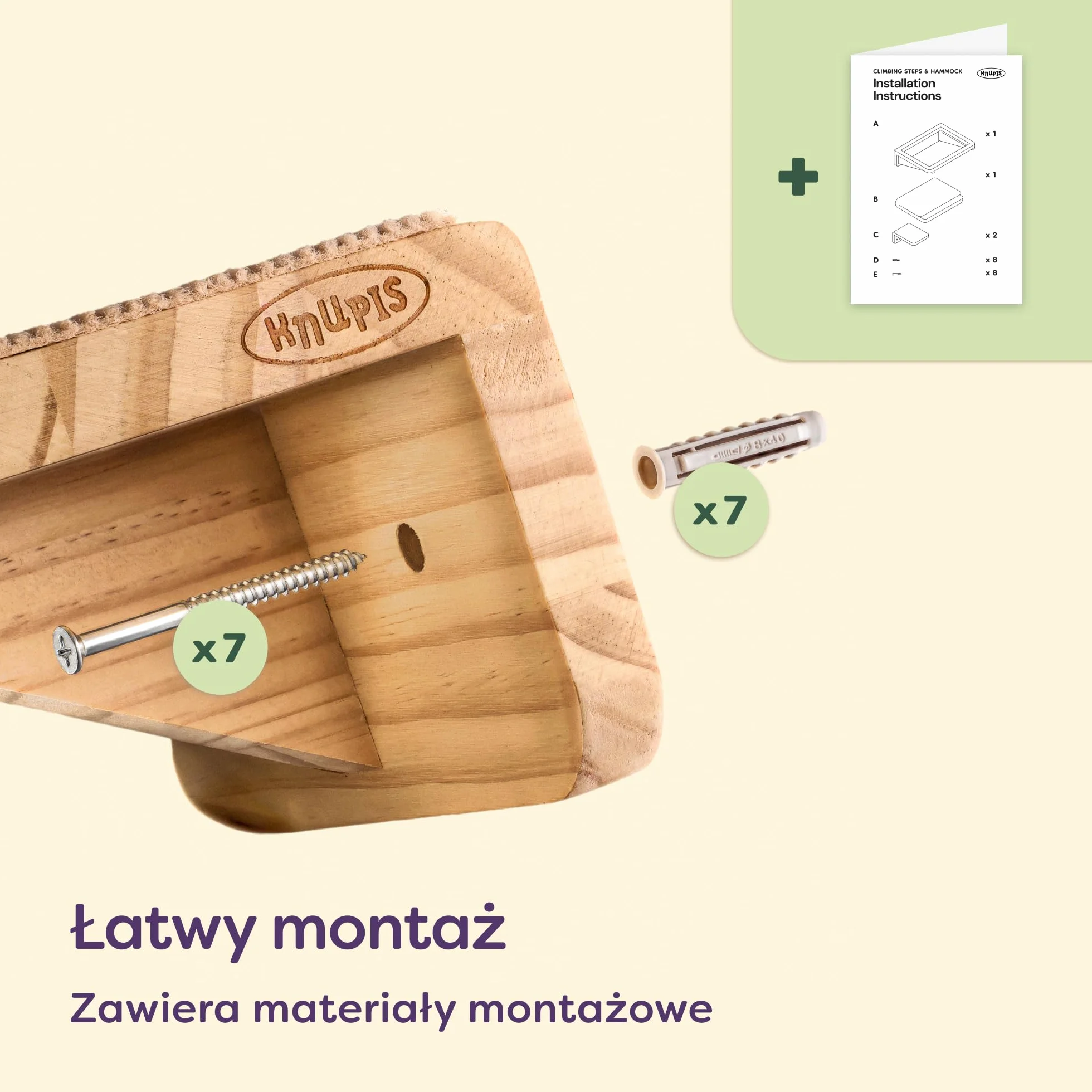 Knupis Zestaw Ściennej Drabinki dla Kota z Hamakiem i Schodkami Lite Drewno Sosnowe FSC Stabilna Półka Ścienna do 30 kg Beżowy