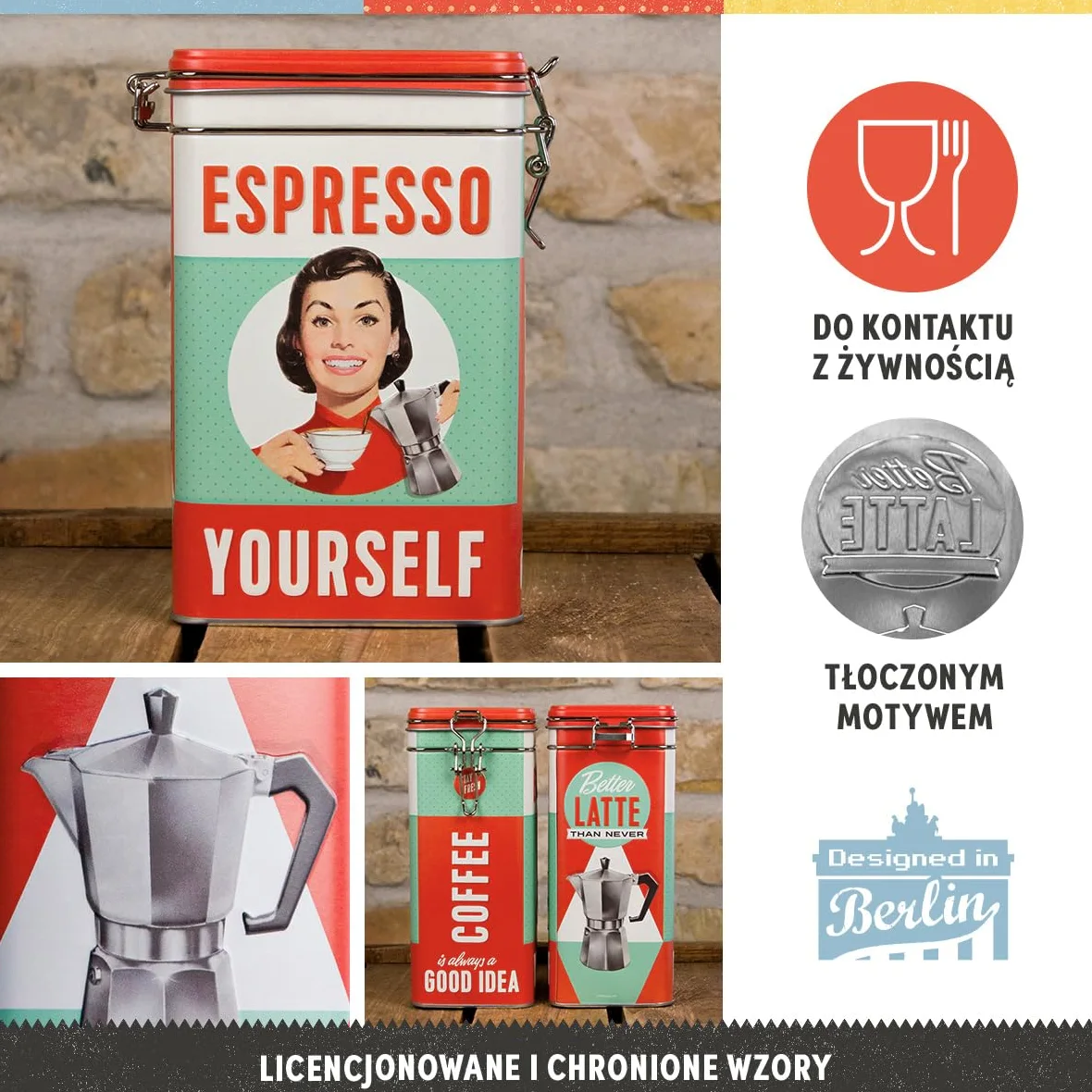 Nostalgic-Art Retro puszka na kawę, 1,3 l, Espresso Yourself – Pomysł na prezent dla miłośników kawy, metalowy pojemnik z pokrywką aromatyczną, Styl vintage