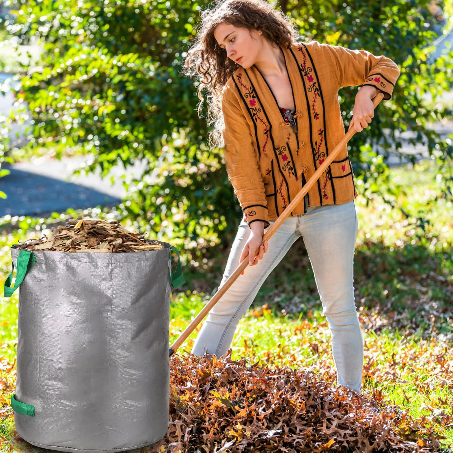 Gecheer 3 sztuki worków na odpady ogrodowe, 100 l, wielokrotnego użytku, worki na odpady ogrodowe, worki na odpady na podwórko, do recyklingu, stojący, na liście, śmieci, rośliny, basen, krajobraz,