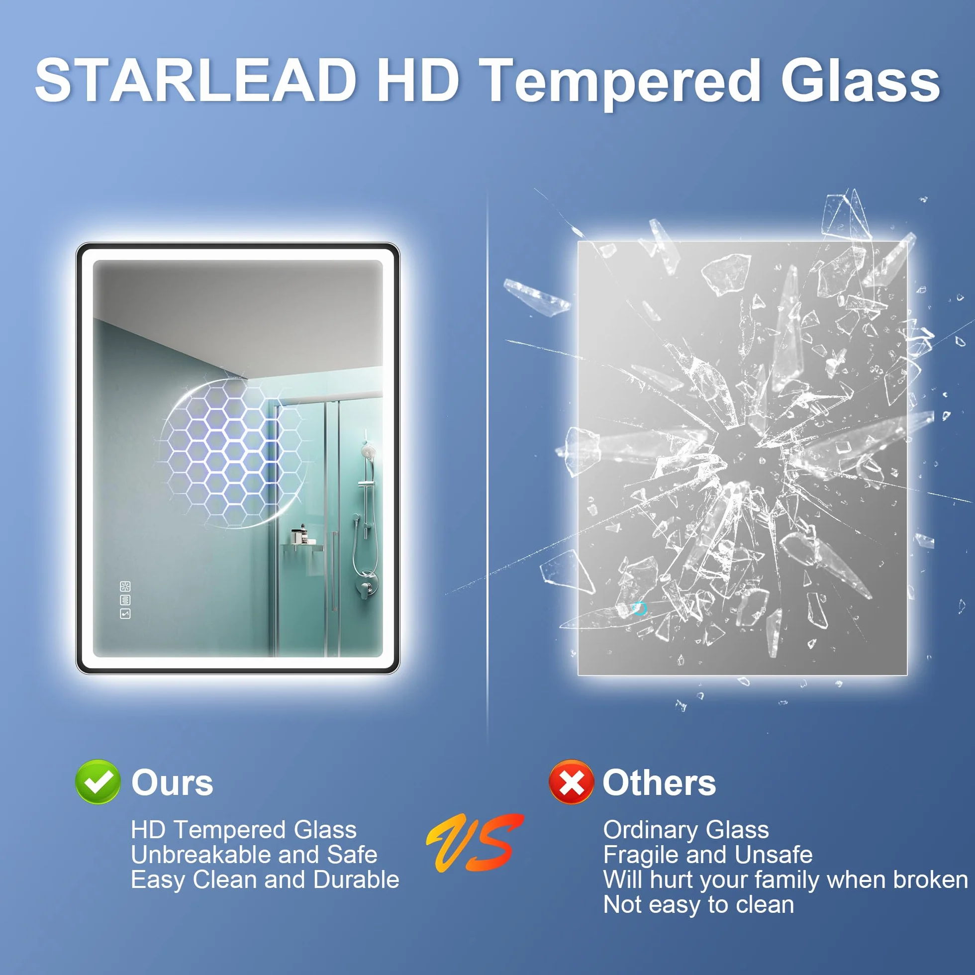 STARLEAD Czarne lustro łazienkowe LED, 70 x 100 cm, z oświetleniem i Bluetooth, odparowywanie, możliwość ściemniania, 3 kolory światła, szkło hartowane HD, wodoszczelność IP44, poziomo/pionowo