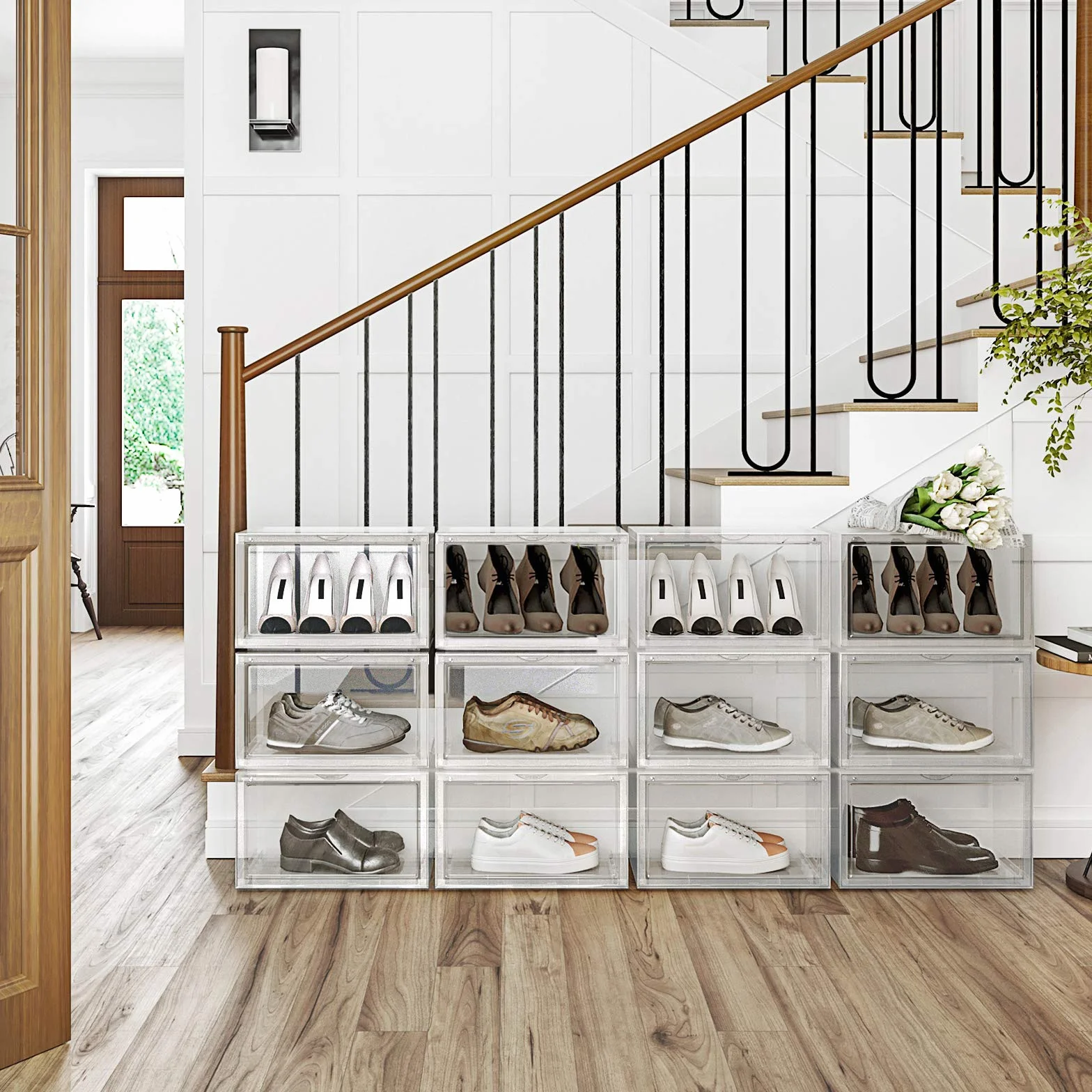 SONGMICS pudełka na buty, 3 organizery na buty z przezroczystymi drzwiami, plastikowe pojemniki na buty do rozmiaru 46, 36 x 28 x 22 cm, przezroczyste, LSP03CW