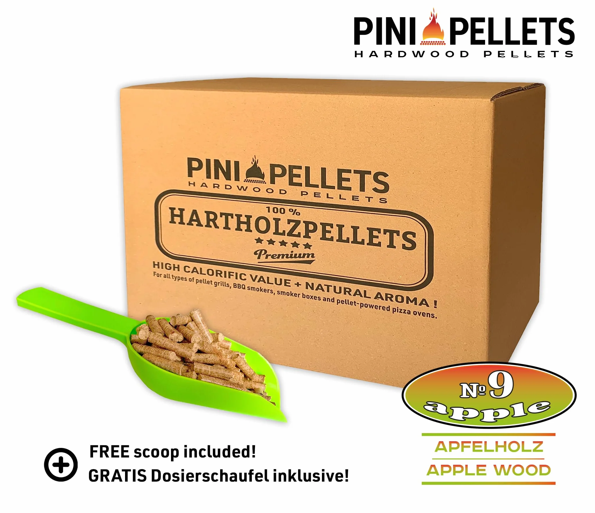 PINI Pellet grillowy № 9 jabłek 10 kg BBQ pellet z twardego drewna do grillowania, wędzenia