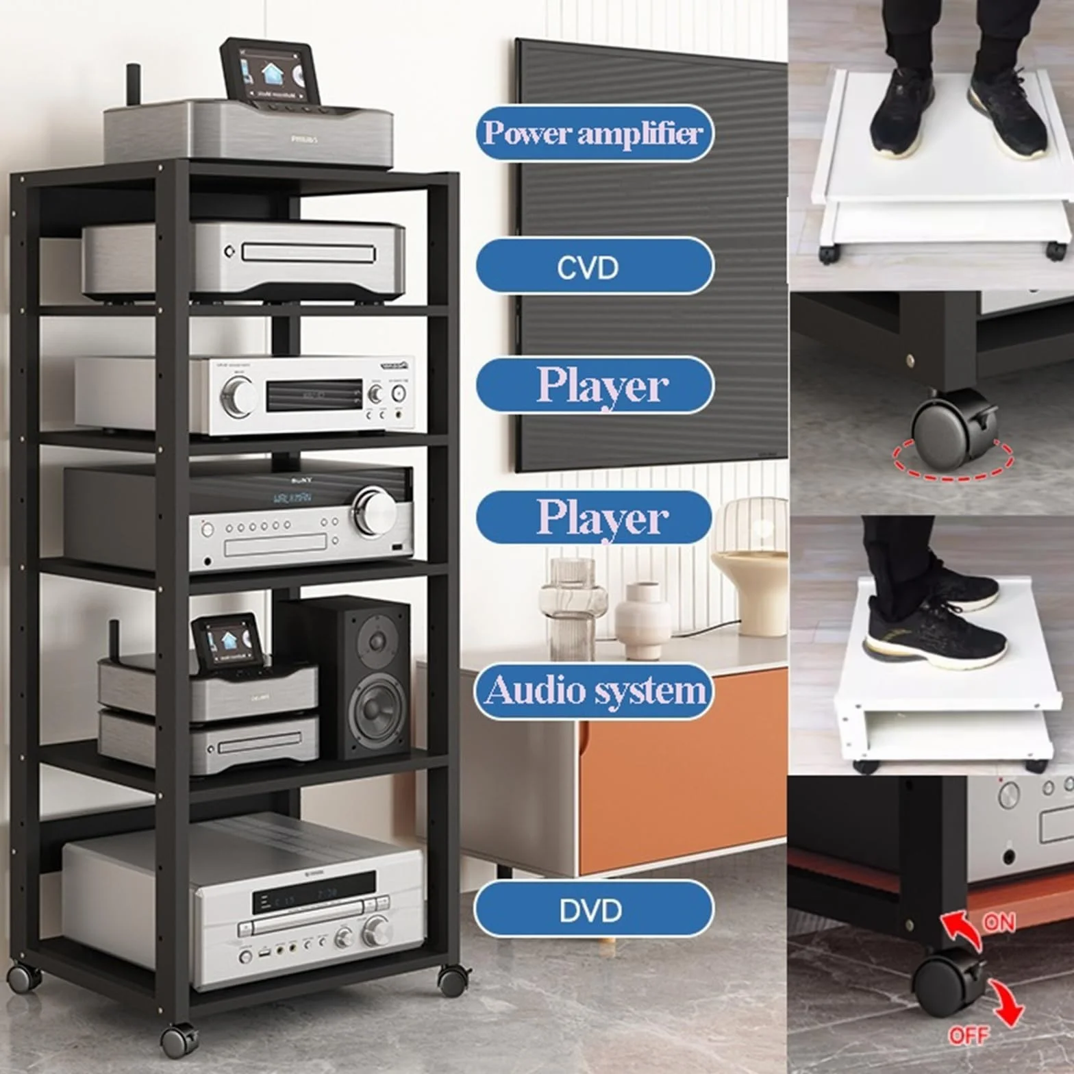 Półka na sprzęt audio HiFi Rack, 7-poziomowy stojak na sprzęt audio, stolik gramofonowy z regulowaną półką, stojak na telewizor, centrum rozrywki do salonu, pokoju zabaw, sypialni(Black)