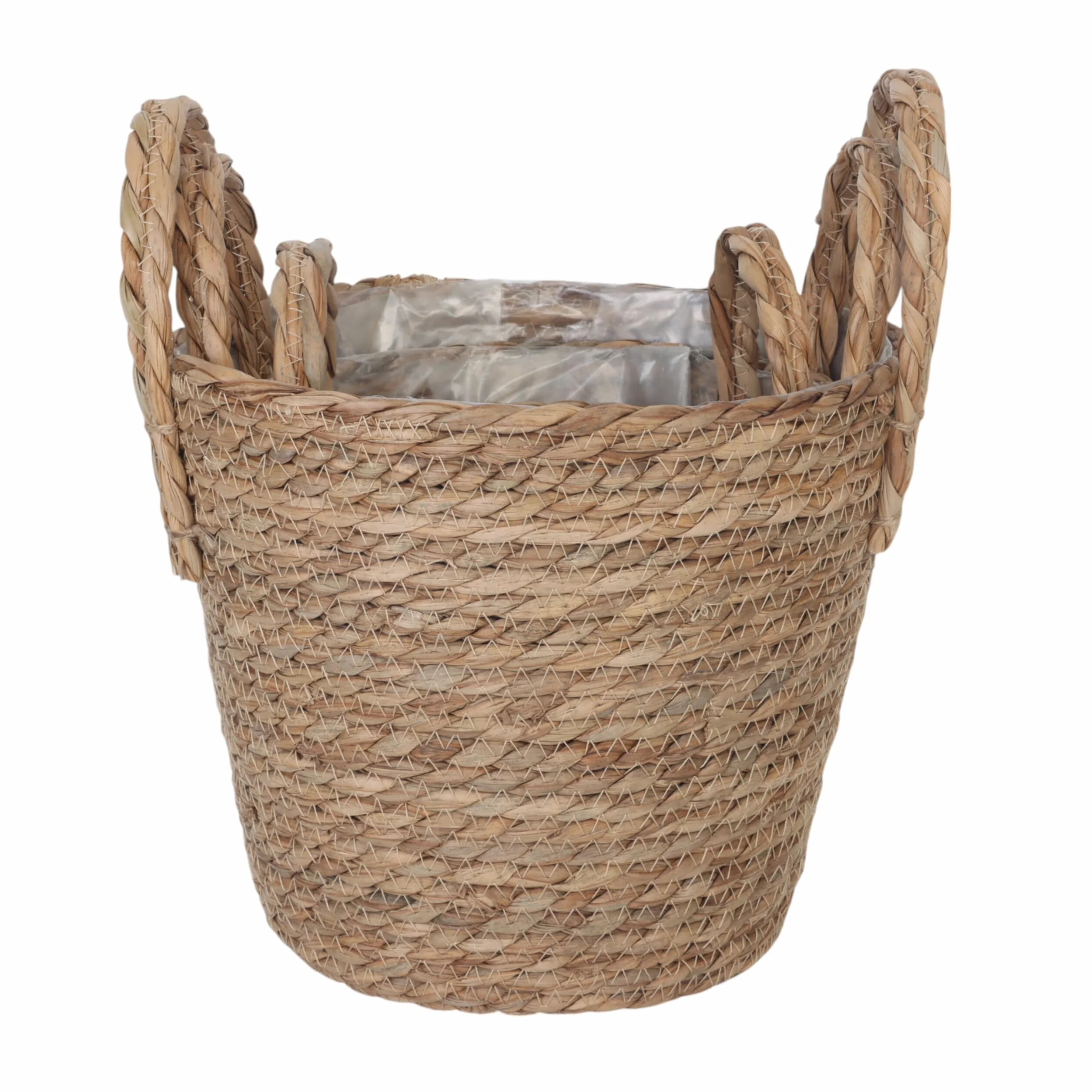Relaxdays Doniczka z wkładką i uchwytami, zestaw 3 sztuk, trzcina, 3 rozmiary, styl boho, okrągłe doniczki, naturalna
