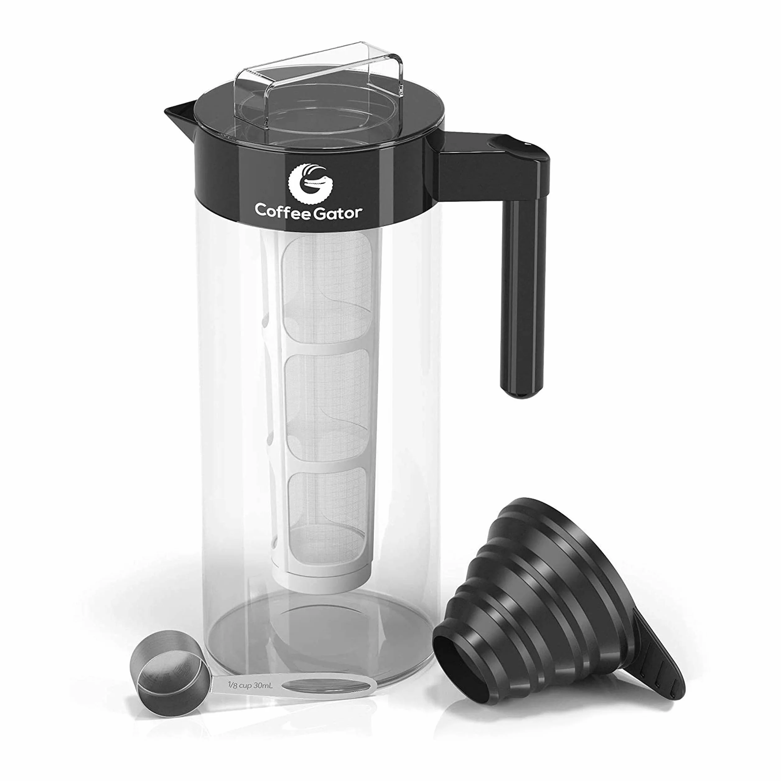 Coffee Gator Ekspres do kawy Cold Brew, filtr bez BPA i szklana karafka, zestaw do parzenia z miarką ze stali nierdzewnej i składanym lejkiem załadunkowym, czarny, 1,4 l