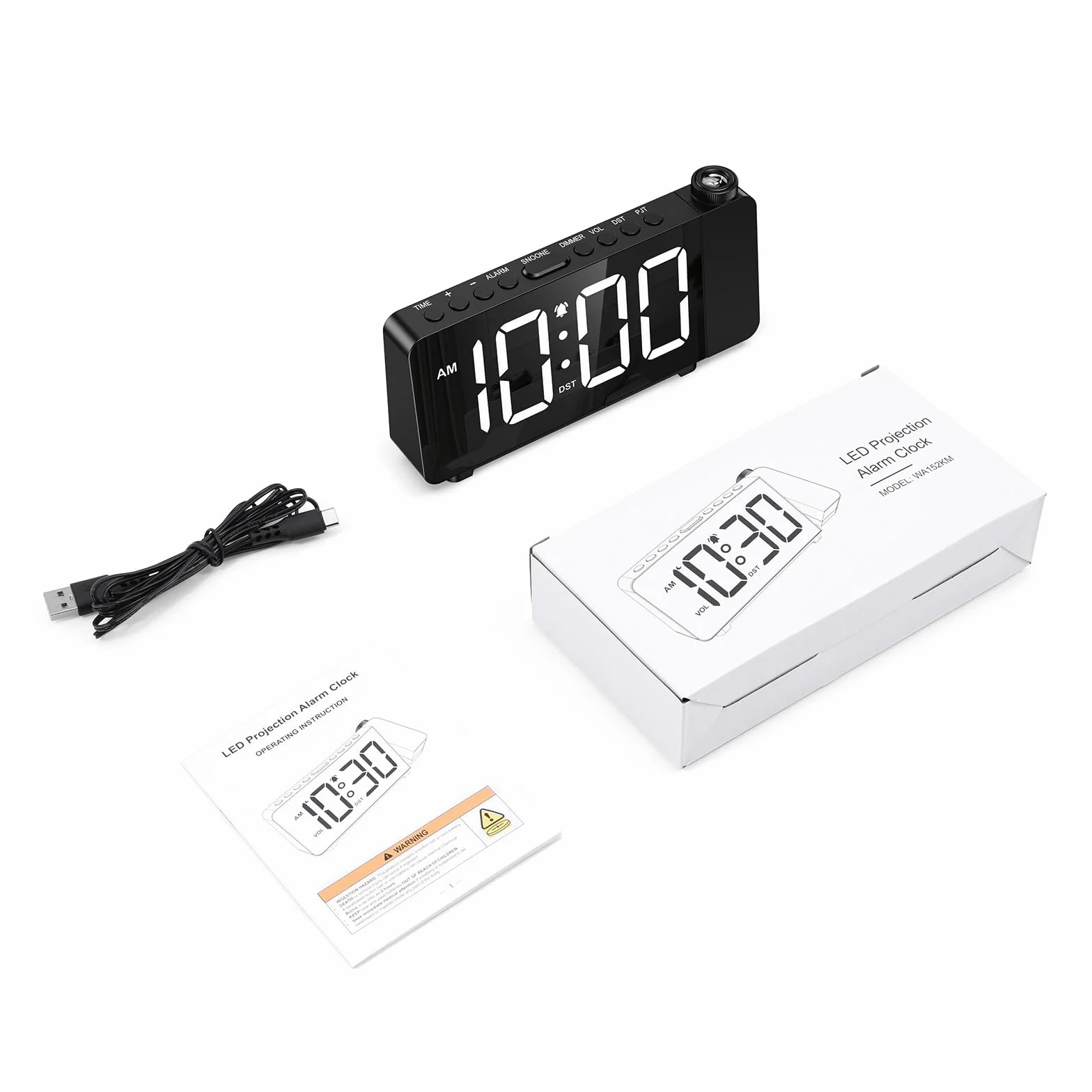 Budzik z projekcją, 7,4" LED, cyfrowy projektor 180°, 3-stopniowa regulacja jasności i ogniskowej, 5 poziomów jasności i 3 głośności, budzik projekcyjny 12/24 h, DST, drzemka