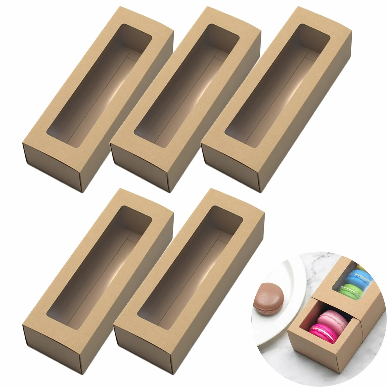 Zestaw 10 pudełek do makaroników z okienkiem, przeznaczone do kontaktu z żywnością, na babeczki i ciasteczka, 20,5 x 7 x 5 cm, małe przezroczyste pudełko prezentowe dla piekarzy hobbystów