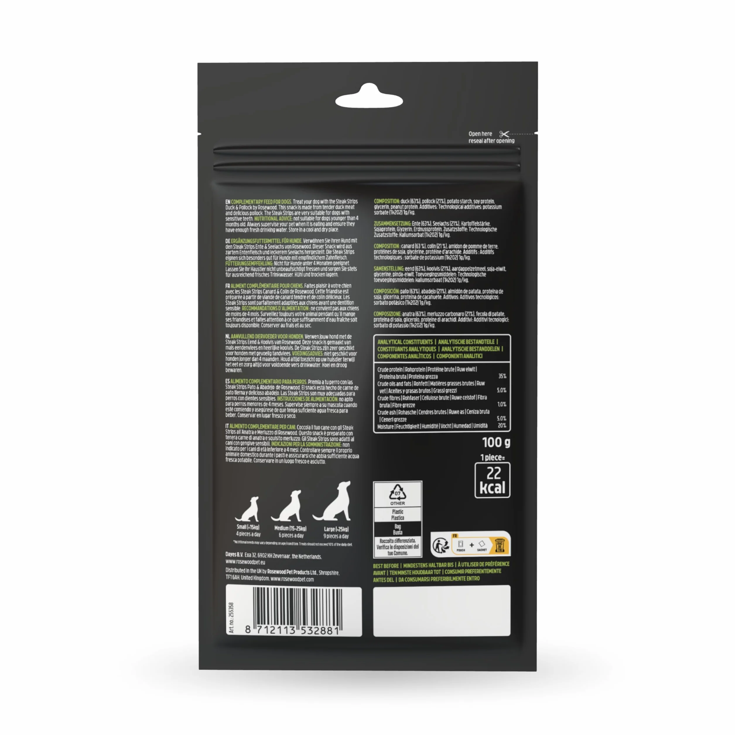 Rosewood Steak Strips Canard & Colin - Delikatny przysmak dla psów, bogate w mięso i ryby, o niskiej zawartości tłuszczu, bez zbóż i glutenu, bez sztucznych dodatków, 100 g
