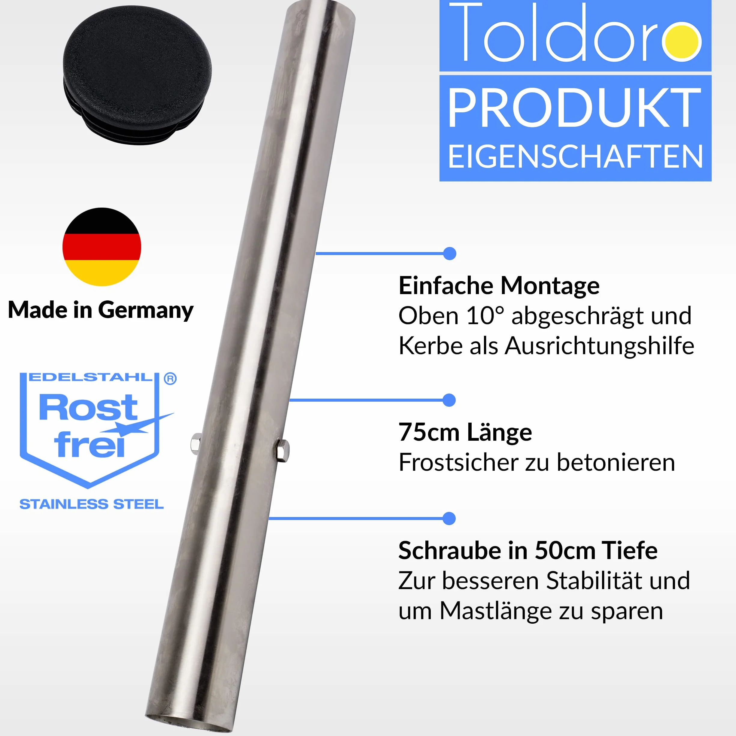 Toldoro® Tuleja osadcza żagiel przeciwsłoneczny do masztu przeciwsłonecznego Ø 70 mm, stal nierdzewna V2A i ochrona przed zamarzaniem/łatwe wyjmowanie żagla przeciwsłonecznego drążek i maszty wraz z