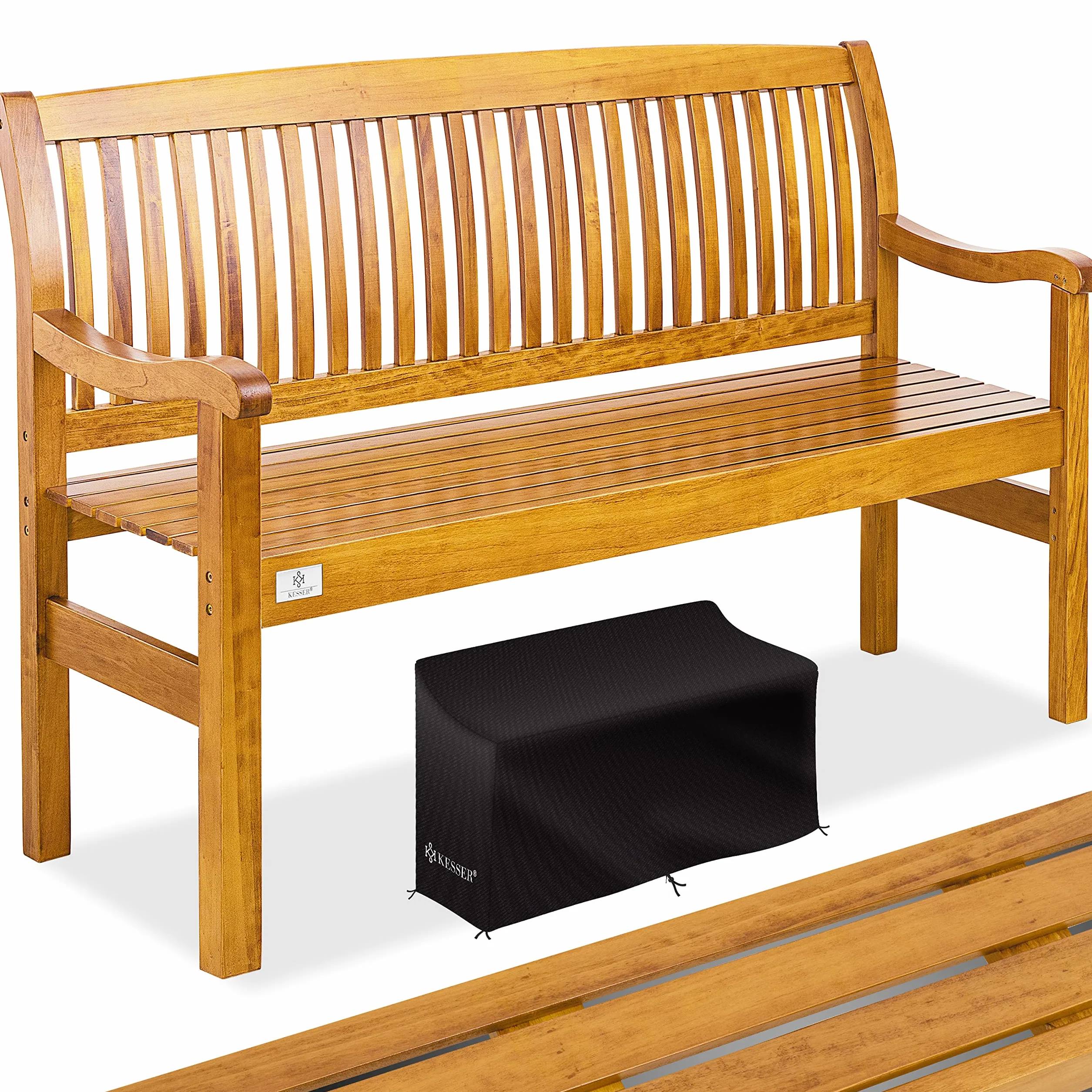 KESSER® Ławka ogrodowa drewniana, odporna na warunki atmosferyczne, z pokrowcem, dla 3 do 4 osób, ławka parkowa z litego drewna, ławka do siedzenia 320 kg, obciążenie 150 cm, ławka balkonowa