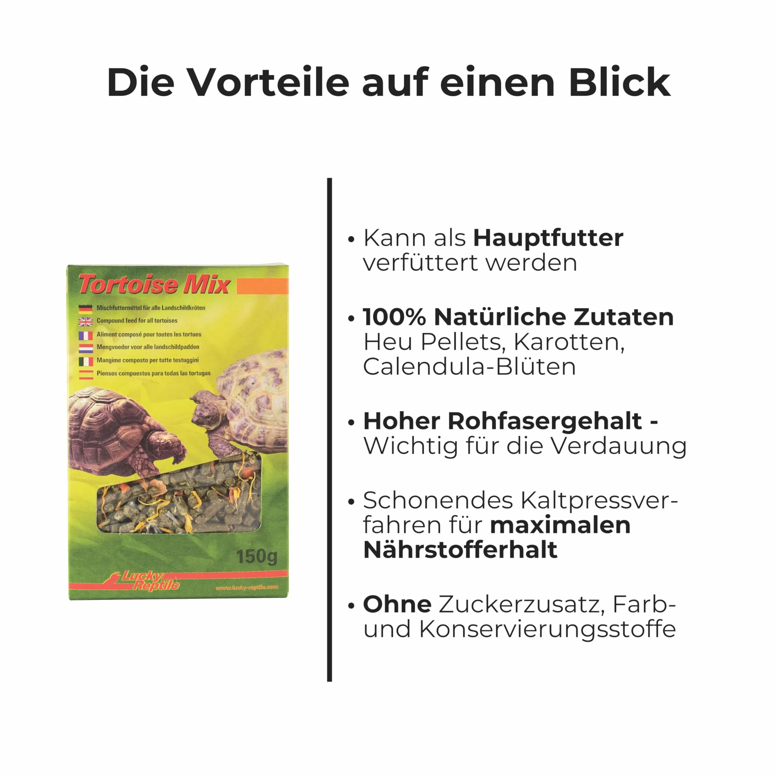 Lucky Reptile Tortoise Mix 150g roślinny pokarm dla żółwi z dużą ilością błonnika - Granulki ziół łąkowych z kawałkami marchwi i płatkami nagietka - dla żółwi lądowych i roślinożernych gadów