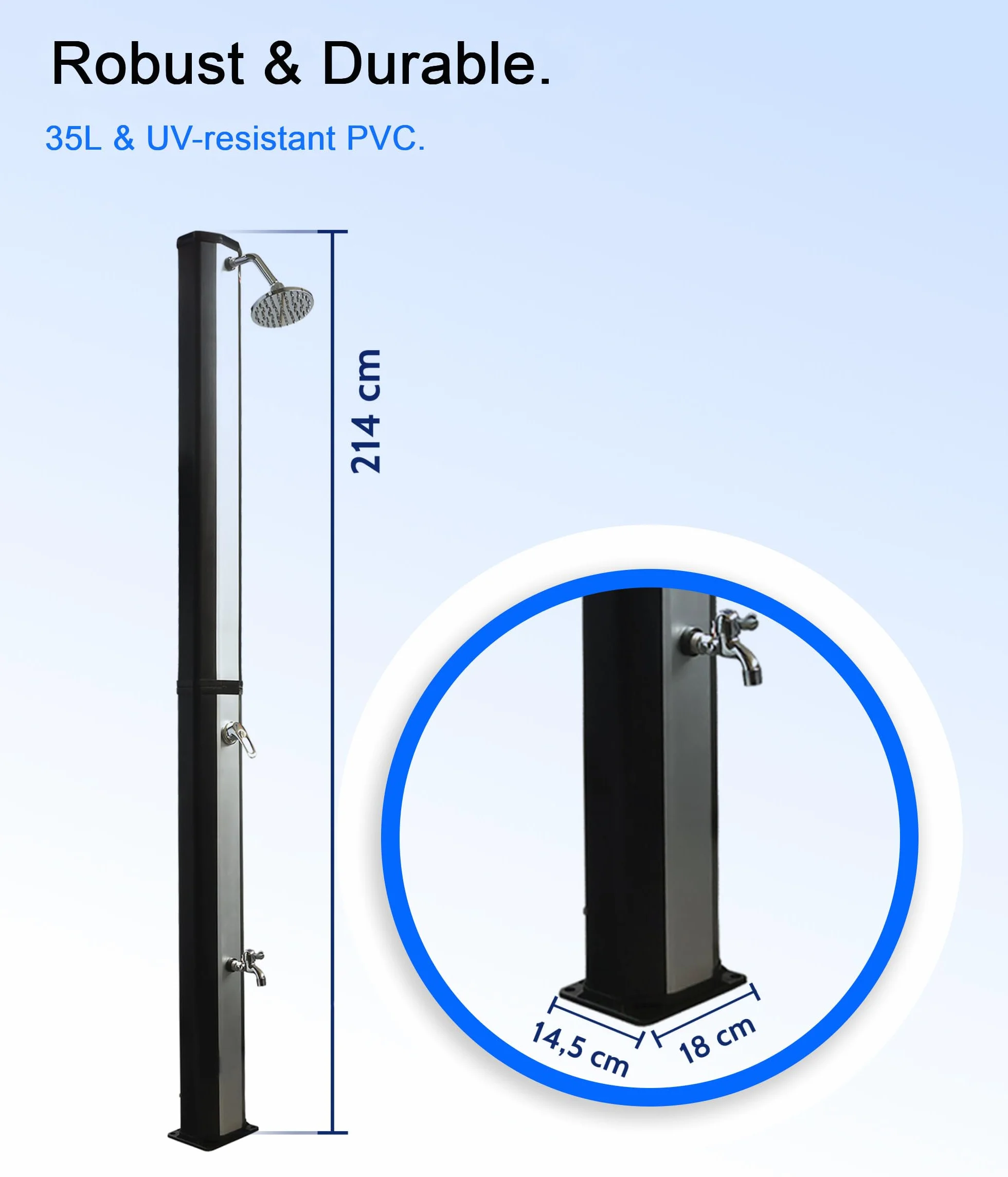VIESTA® Prysznic Solarny 35 Litrów z Myjką do Stóp – Obrotowa Deszczownica – Solarny Prysznic Ogrodowy/Zewnętrzny/Basenowy bez Podłączenia do Prądu – Przyłącze do Węża Ogrodowego, do 60°C