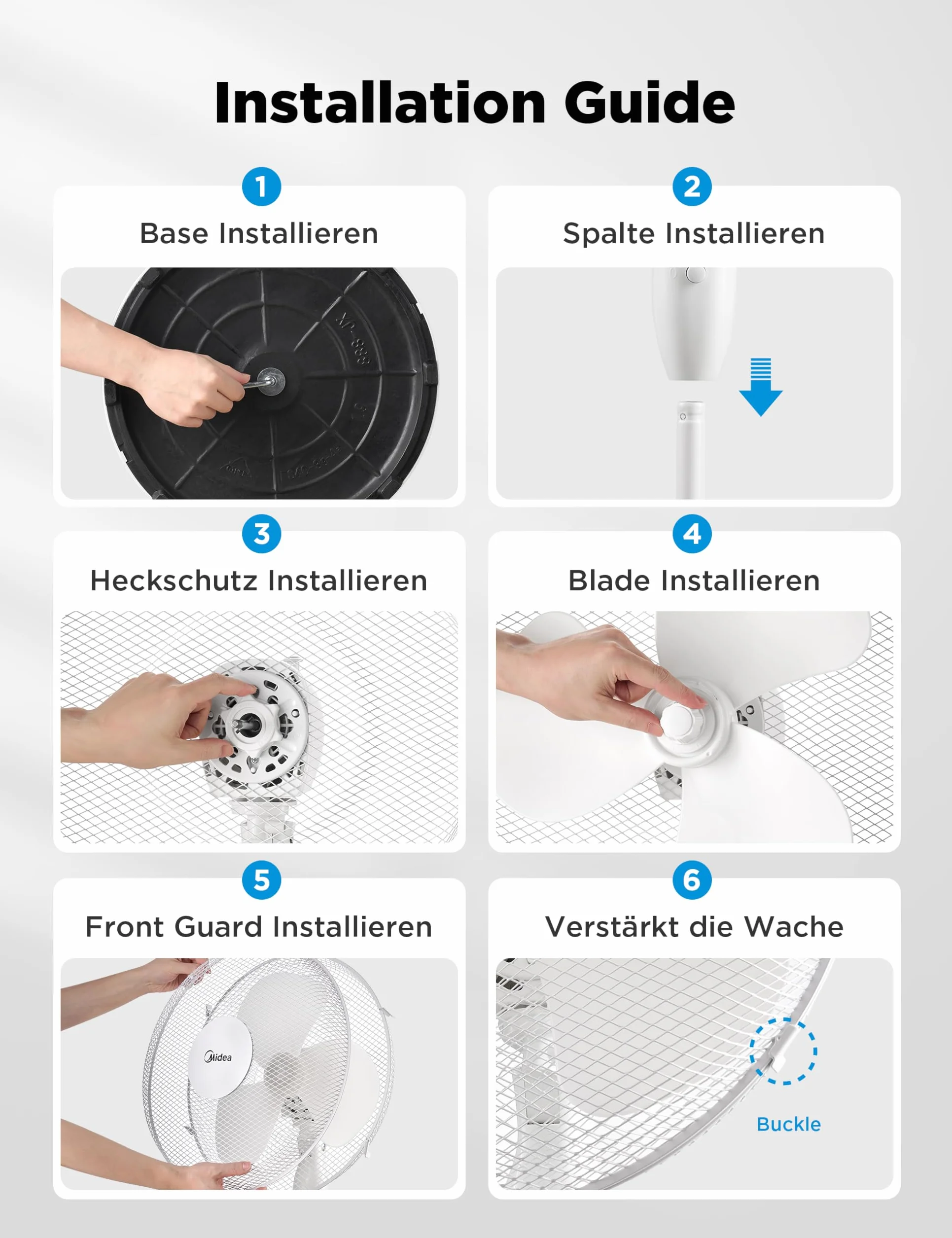 Midea FS40-16JA wentylator stojący, duża siła wiatru, duża objętość powietrza, moc 40 W, cicha praca 55 dB-65 dB, regulacja wysokości: do 130 mm, regulacja trzech prędkości