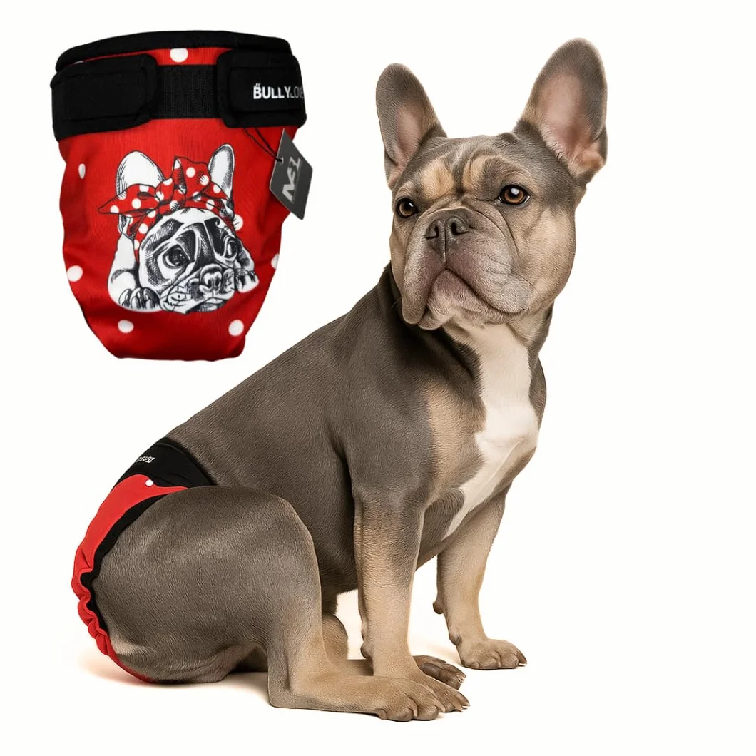 Red Bully Majtki na ruję dla buldogów francuskich pieluchy wielokrotnego użytku bez otworu na ogon regulowane obwód bioder 42-47