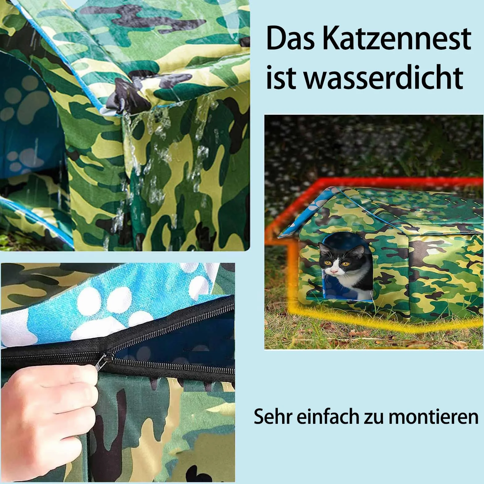 Domek dla kotów na zewnątrz, wodoszczelny, zimoodporny, z przezroczystą zasłoną, S, zielony kamuflaż