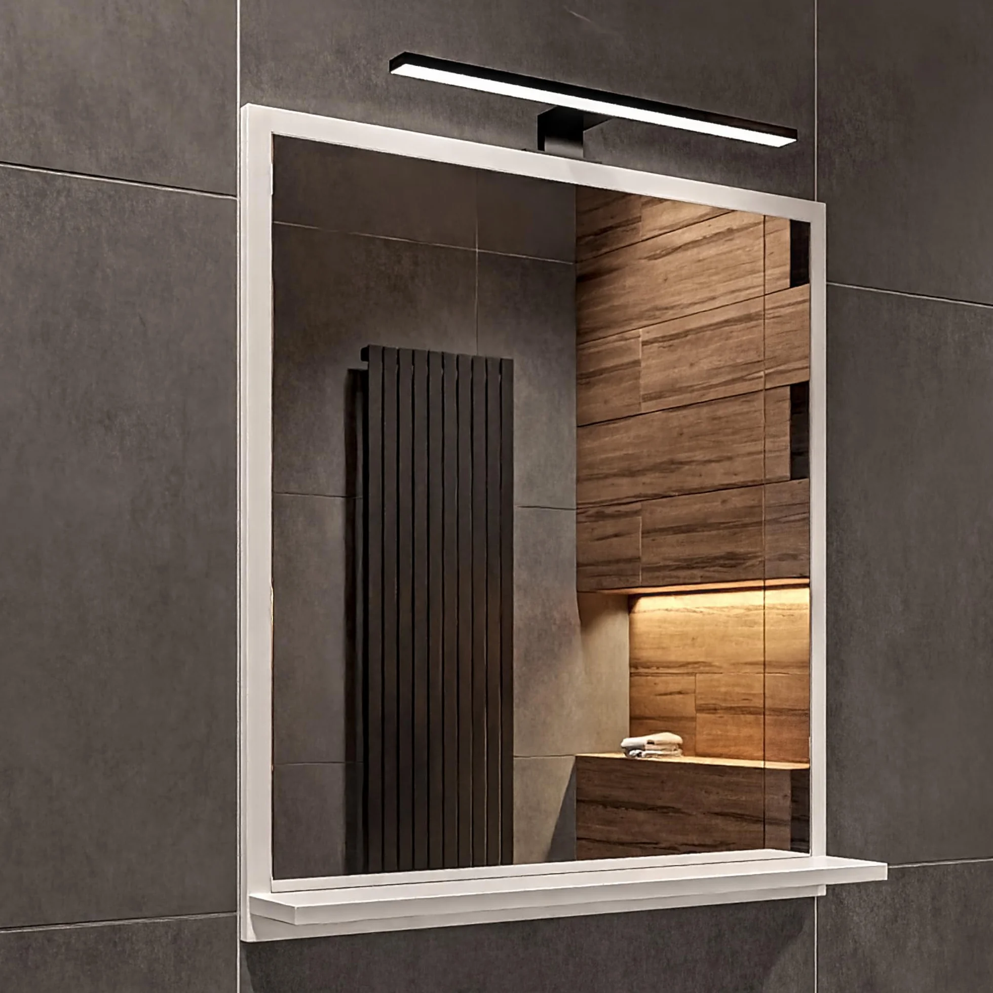Lustro Łazienkowe LED z Półką 60 x 70 x 12 cm, Białe, Prostokątne, Neutralne Światło 4000 K, Wodoszczelne IP44, Wiszące Lustro Ścienne Podświetlane, Obudowa LED Czarna