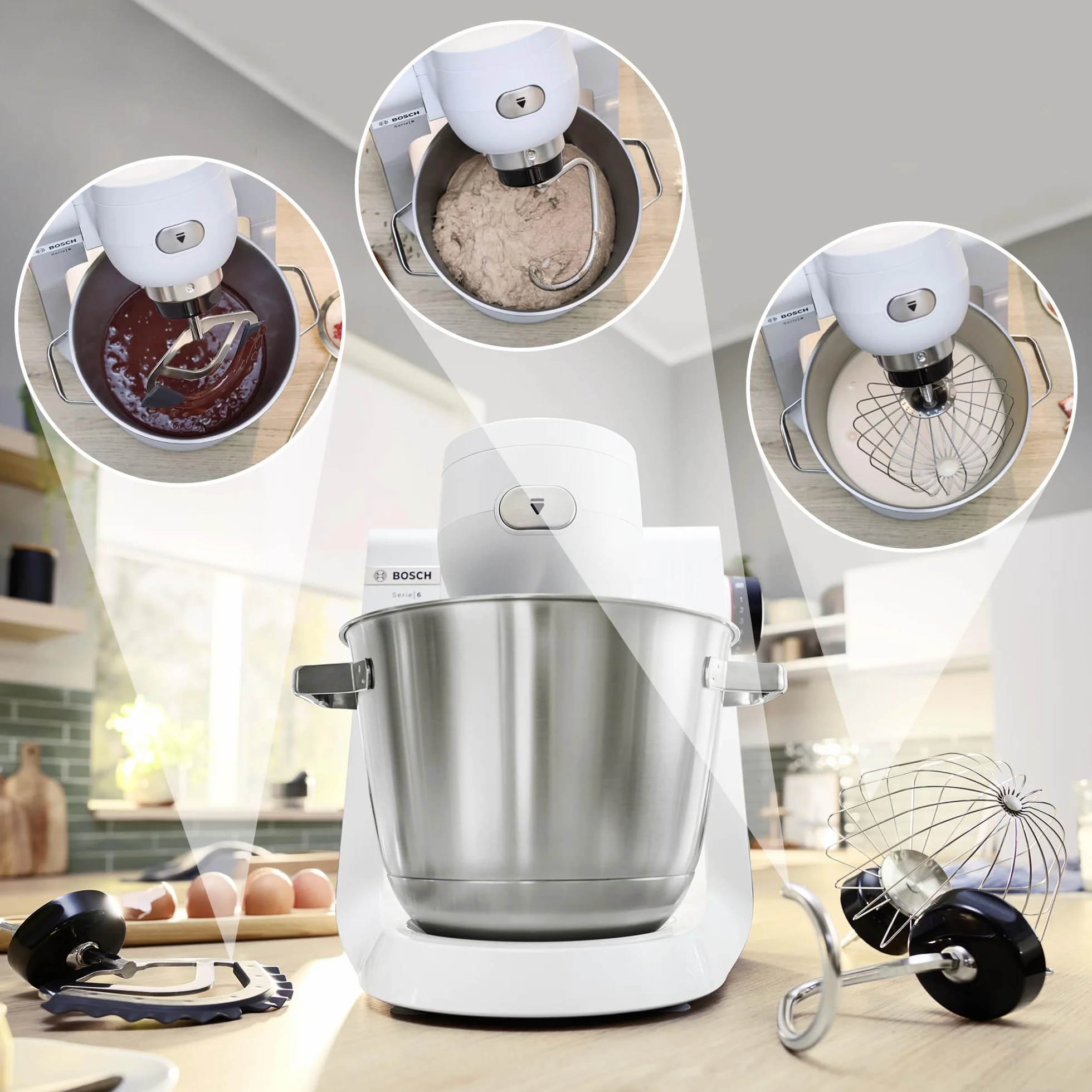 Bosch, robot kuchenny, Series 6, 1600 W, mieszanie planetarne 3D, zestaw cukierniczy, tarka wielofunkcyjna, szklany blender ThermoSafe, biało-srebrny ze stali nierdzewnej, MUMS6EW22