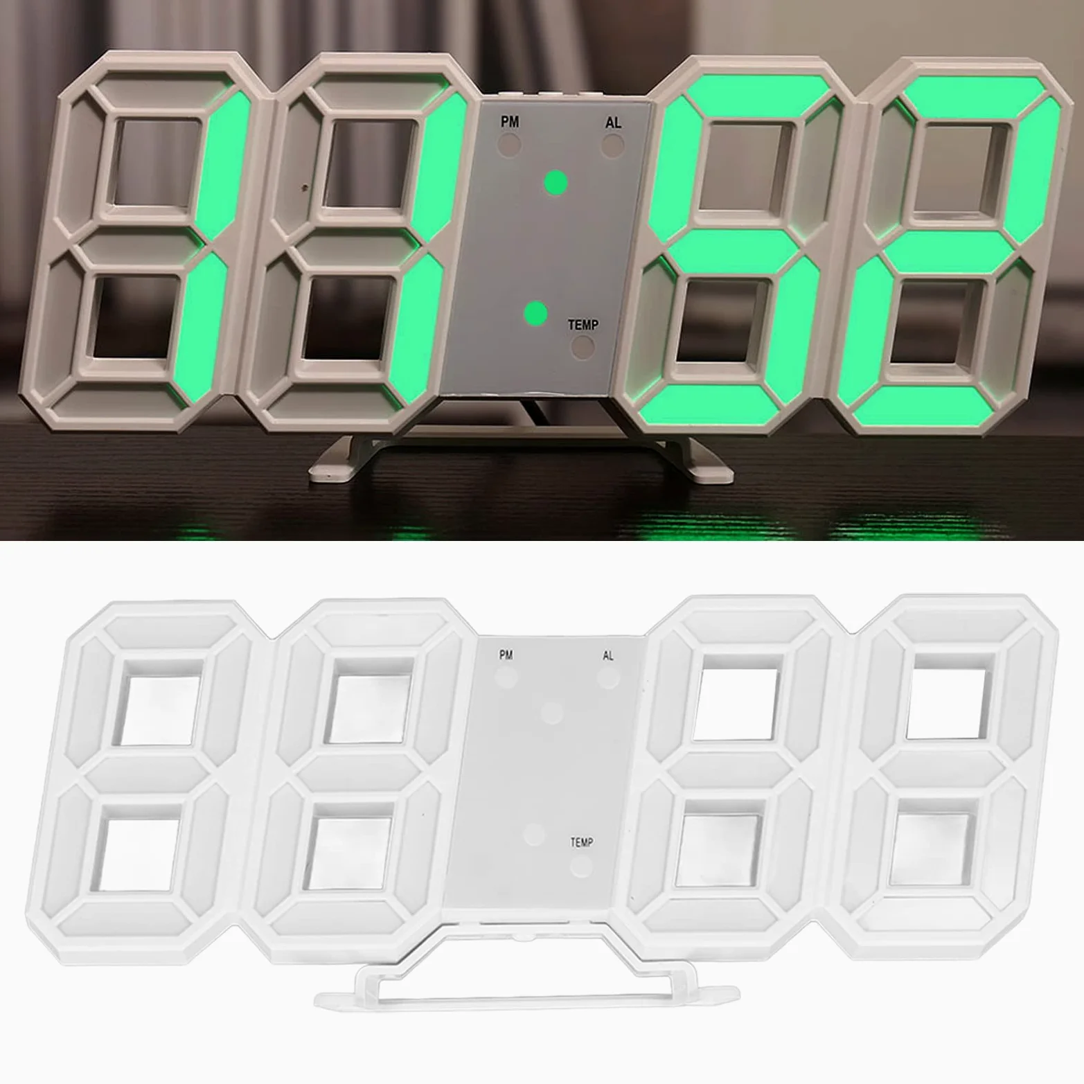 BuyWeek Zegar ścienny LED 3D, biała ramka, cyfrowy budzik, nowoczesny zegar ścienny z temperaturą, do dekoracji domu, salonu, zielony