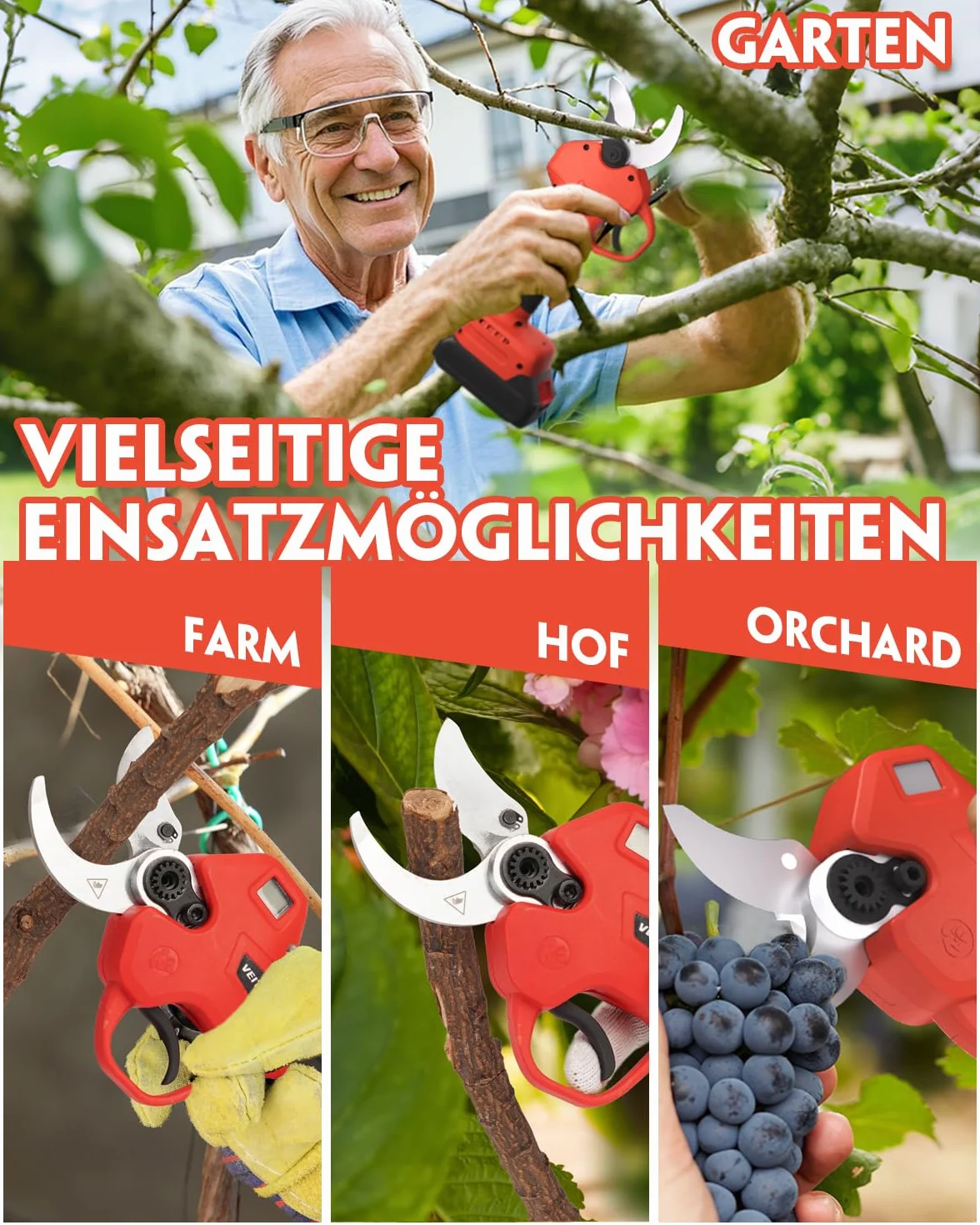 Veitorld Teleskopowe sekatory do gałęzi, akumulator 40 mm, sekator z odpinanym drążkiem teleskopowym (130-245 cm), bezszczotkowy silnik, nożyce dwupasowe 2000 mAh, do gałęzi, prezenty dla mężczyzn