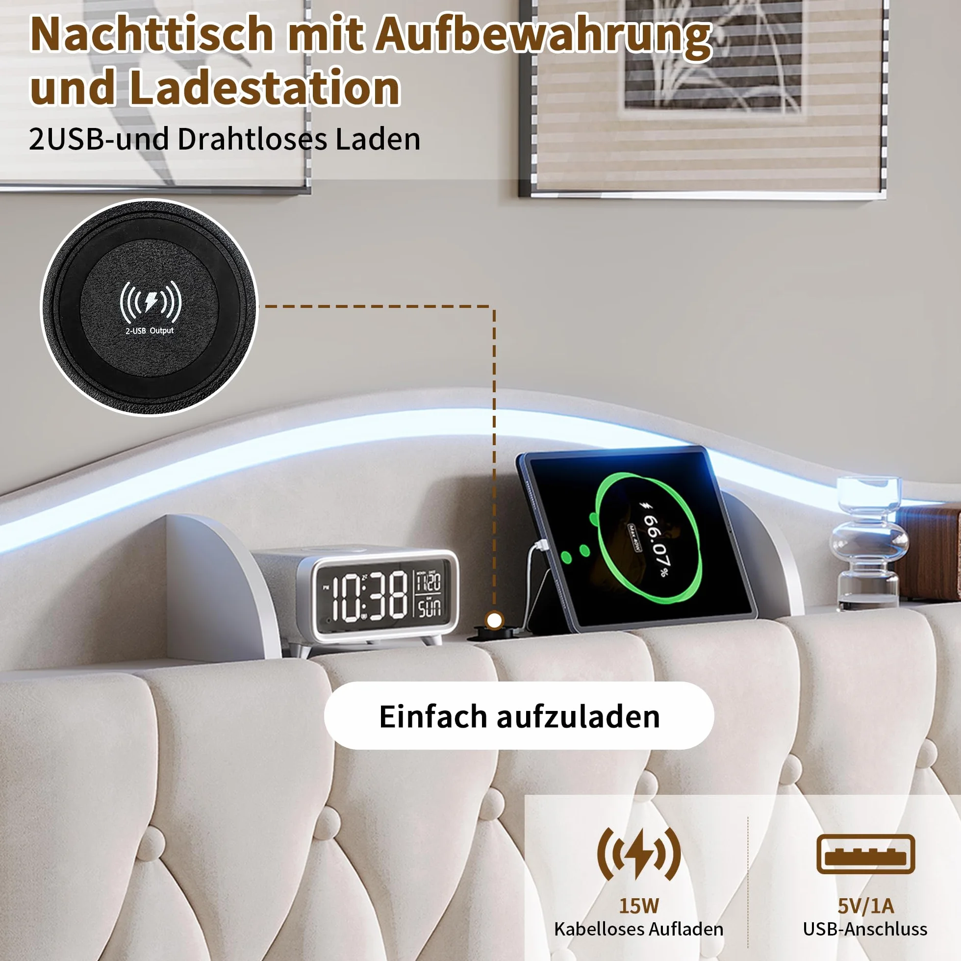 BRILVERDE Łóżko tapicerowane 160 x 190 cm, z miejscem do przechowywania, podwójne łóżko z diodami LED/USB, rama łóżka ze stelażem i zagłówkiem, łóżko młodzieżowe dla dorosłych i młodzieży, aksamitne