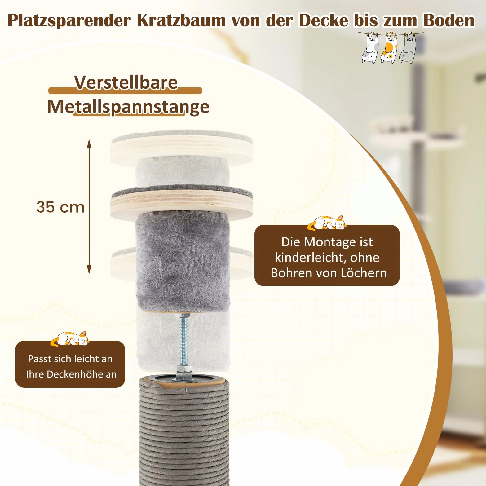 COSTWAY Drapak dla kota do sufitu 236-271 cm 5-piętrowy z hamakiem i platformami