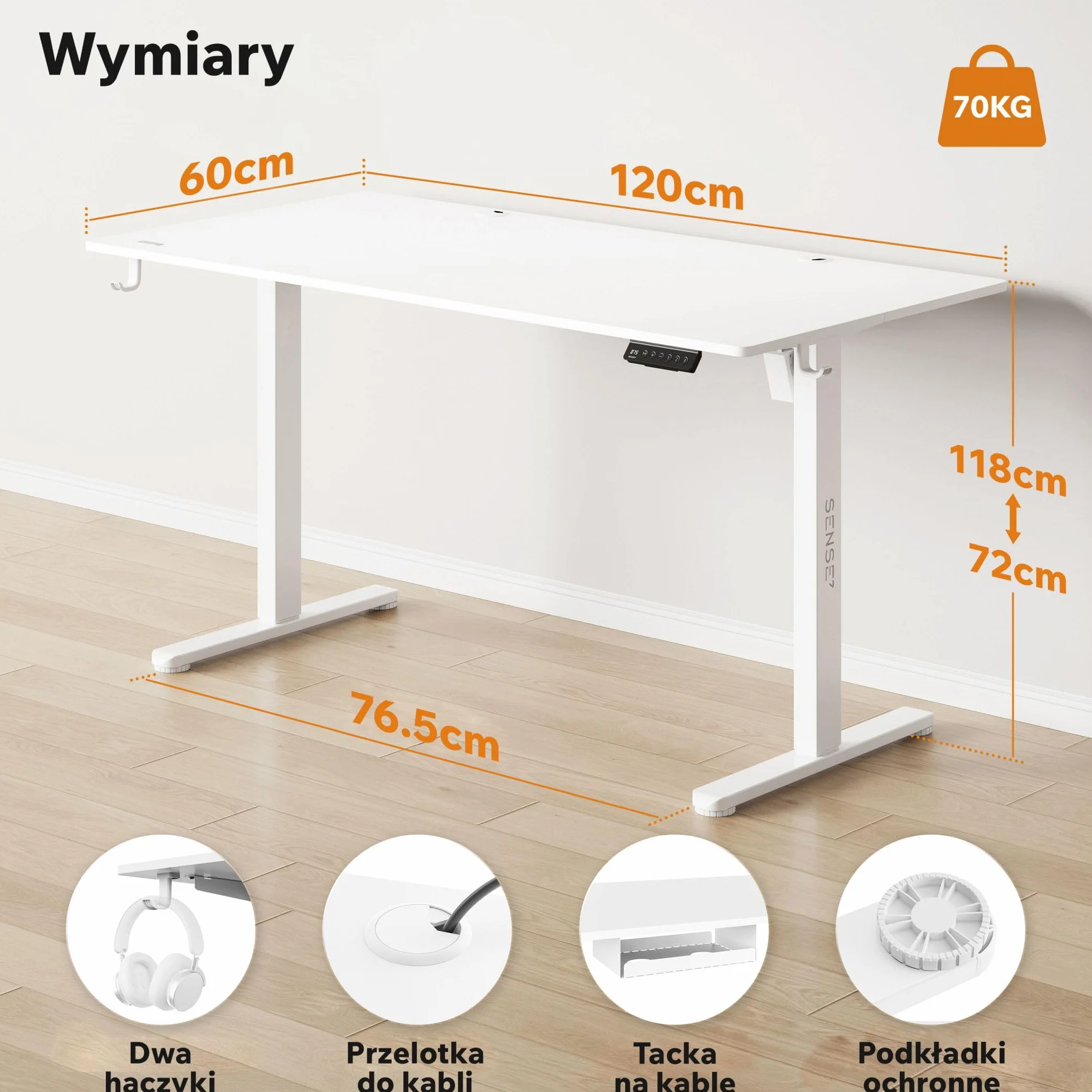 SENSE7 Nojo | Biurko Regulowane | Elektryczne | System Antykolizyjny | Organizer Na Kable | Uchwyt Na Słuchawki | Panel Sterujący | 3 Pamięci Ustawień| Zmiana wysokości 46 cm (Biały, 120x60cm)