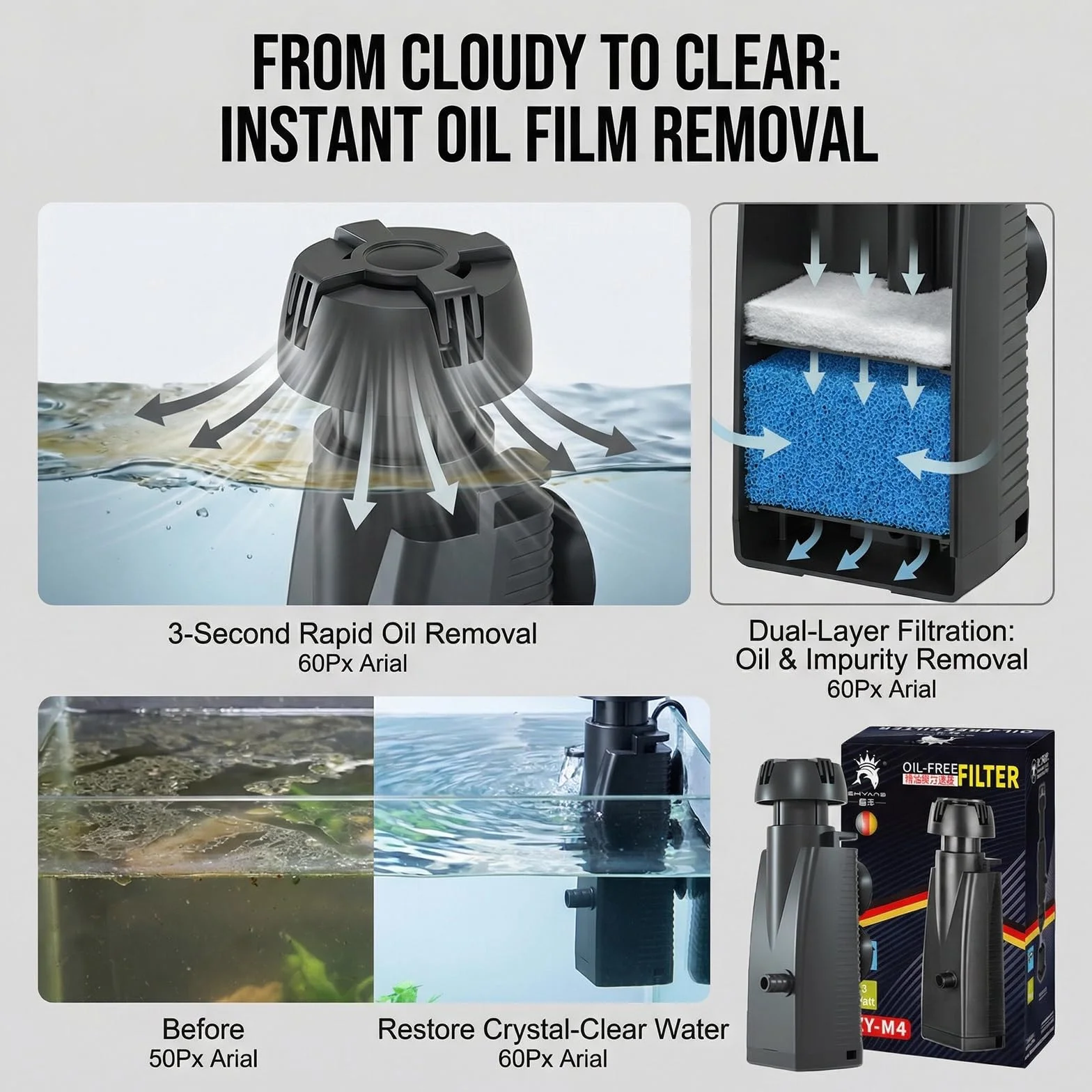 BAIFULAI Skimmer powierzchniowy do akwarium, 160 l/h, 3 W, skimmer do akwarium o pojemności do 200 l, zbiornik na ryby, odkurzacz powierzchniowy z gąbką i przyssawkami, filtr do akwarium, zmywacz