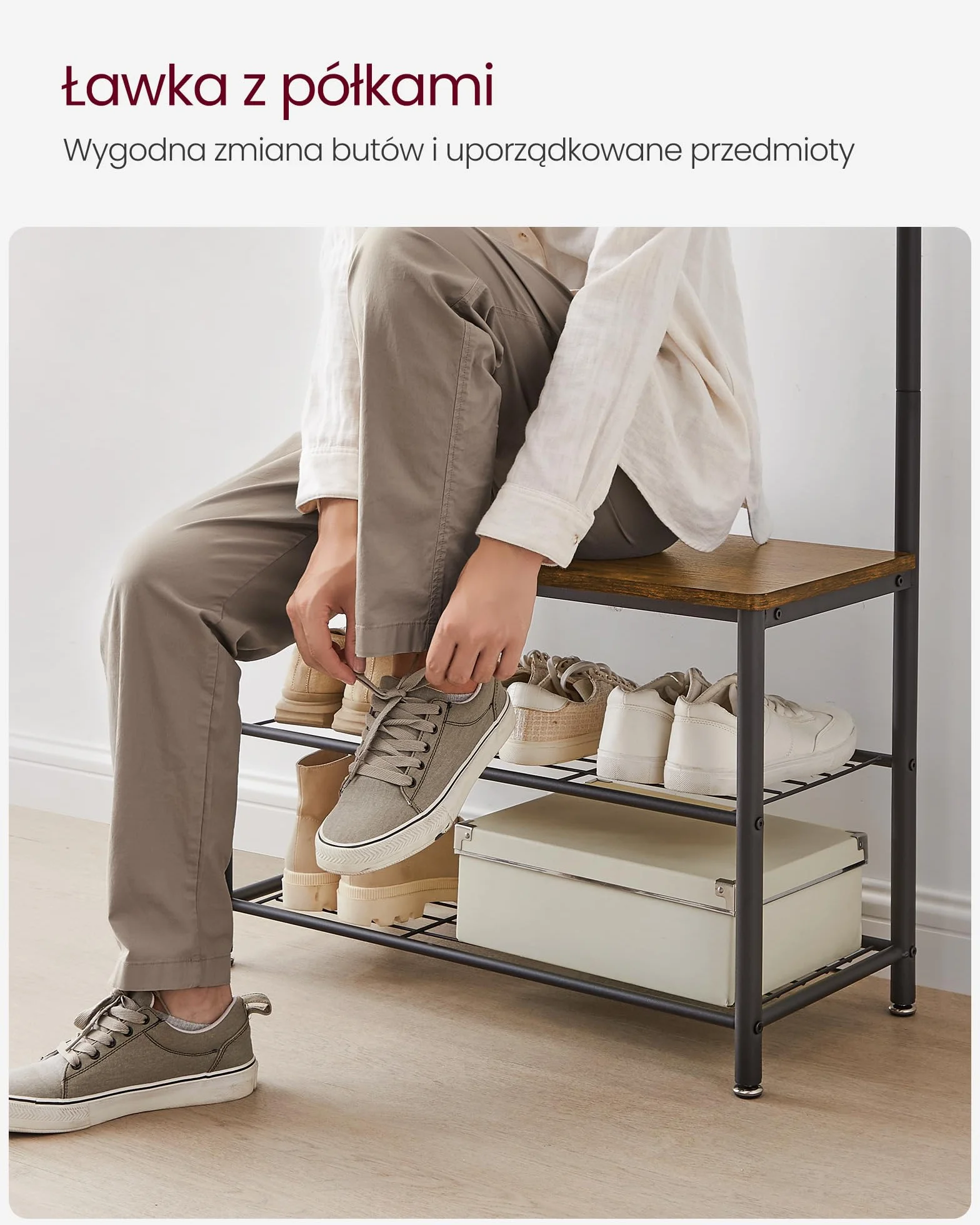 VASAGLE Metalowy wieszak z haczykami na ubrania z 3 półkami na buty i siedziskiem, do korytarza, wysokość 175 cm, styl industrialny, brązowy vintage HSR41BX