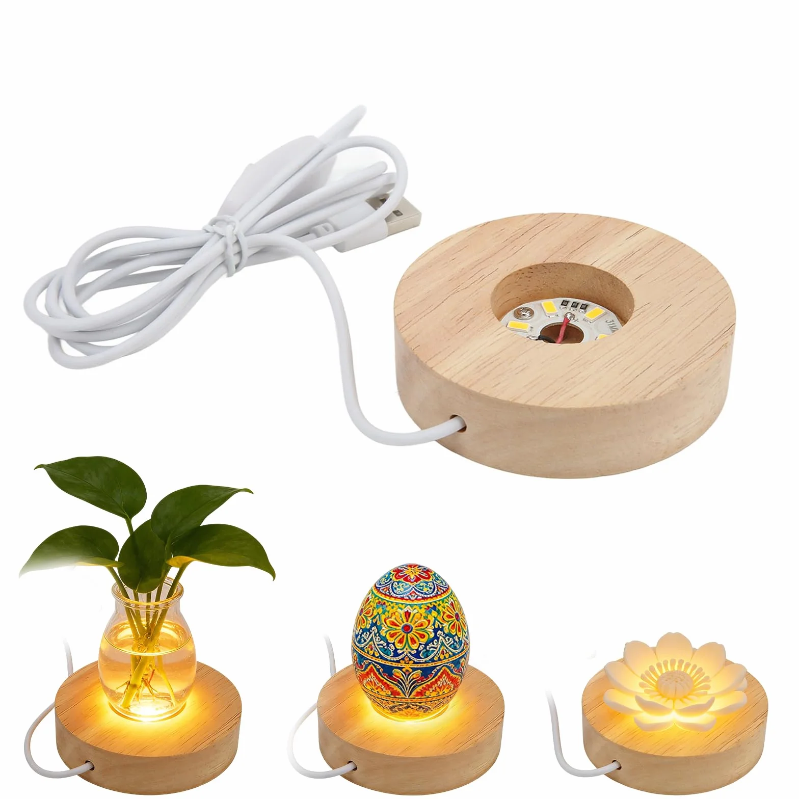 Podstawa do wyświetlacza LED, luksusowa drewniana podstawa LED z zasilaniem USB, średnica 8 cm, solidne dębowe drewno do prezentacji kryształów, szkła artystycznego i biżuterii